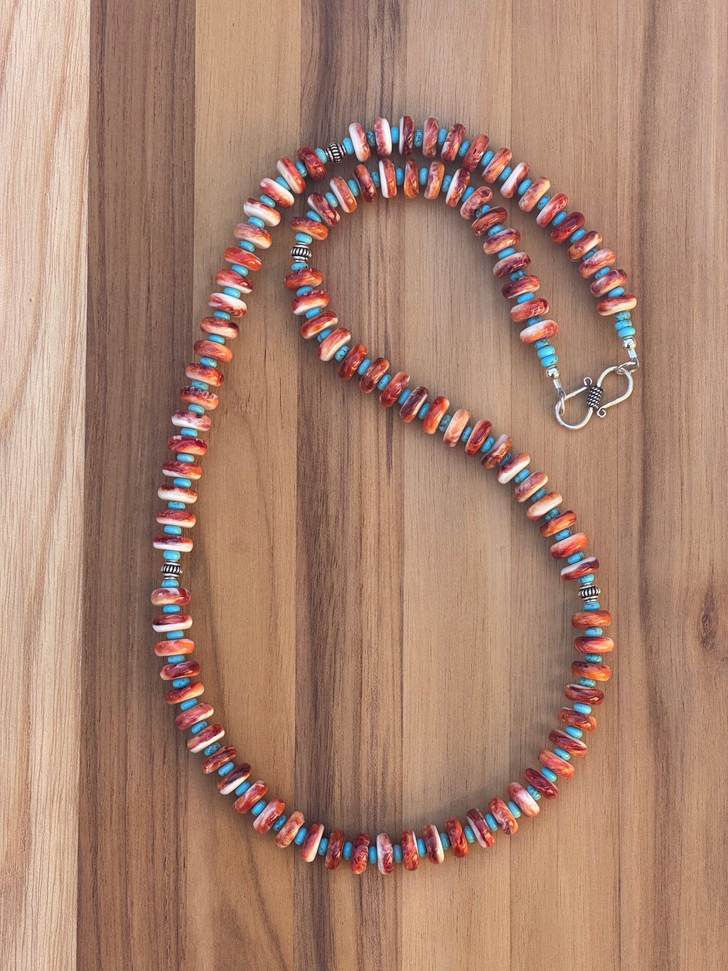 26 Inch Orange Spiny Oyster, Nevada Turquoise and Sterling Silver Beaded Necklace