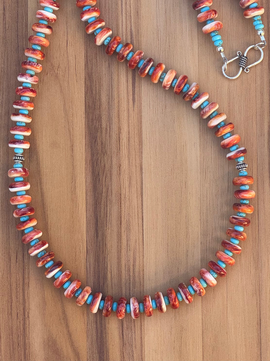 26 Inch Orange Spiny Oyster, Nevada Turquoise and Sterling Silver Beaded Necklace