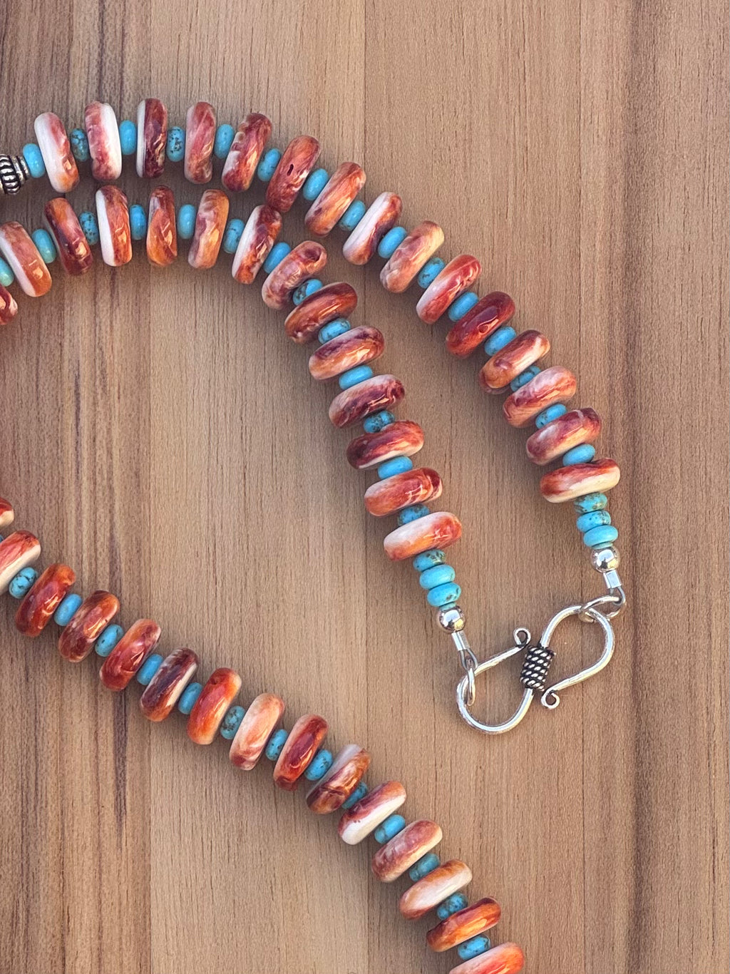 26 Inch Orange Spiny Oyster, Nevada Turquoise and Sterling Silver Beaded Necklace