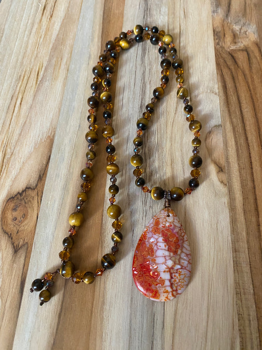 Long Dragon Vein Agate Pendant Necklace with Tiger Eye and Crystal Beads