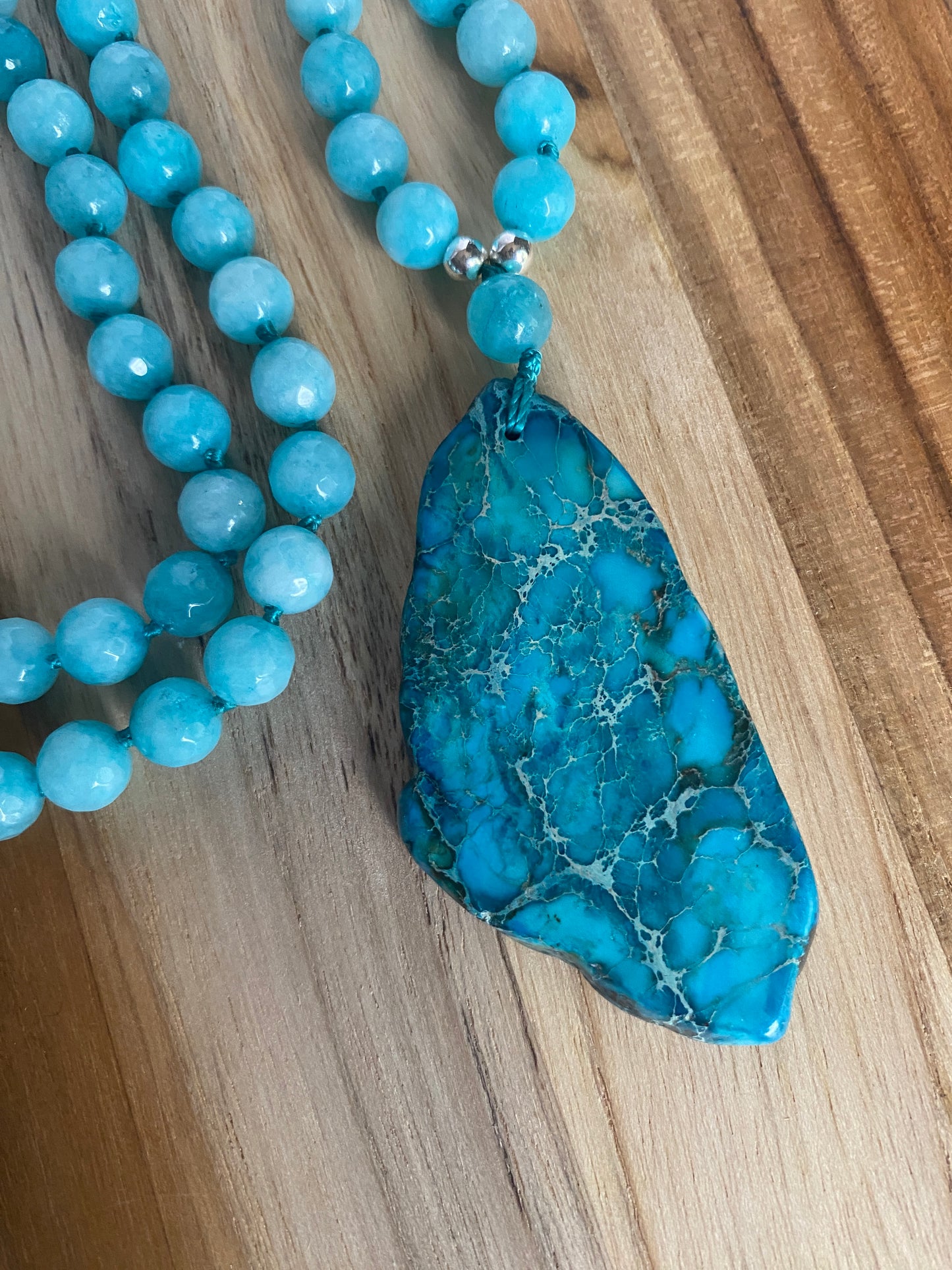 28" Long Ocean Blue Sea Sediment Jasper Pendant Necklace with Agate Beads