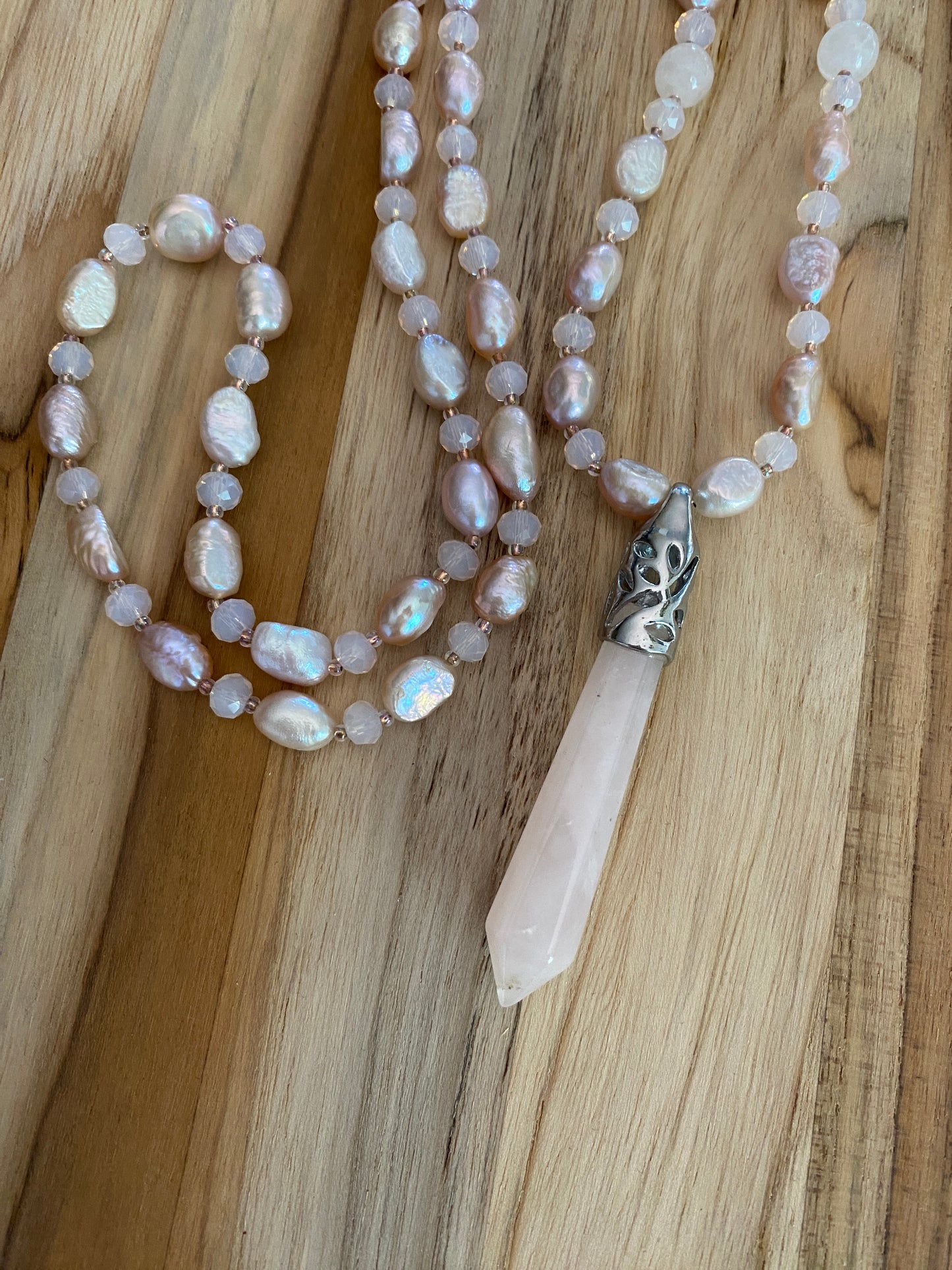 28" Long Rose Quartz Pendulum Necklace with Pearl & Crystal Beads