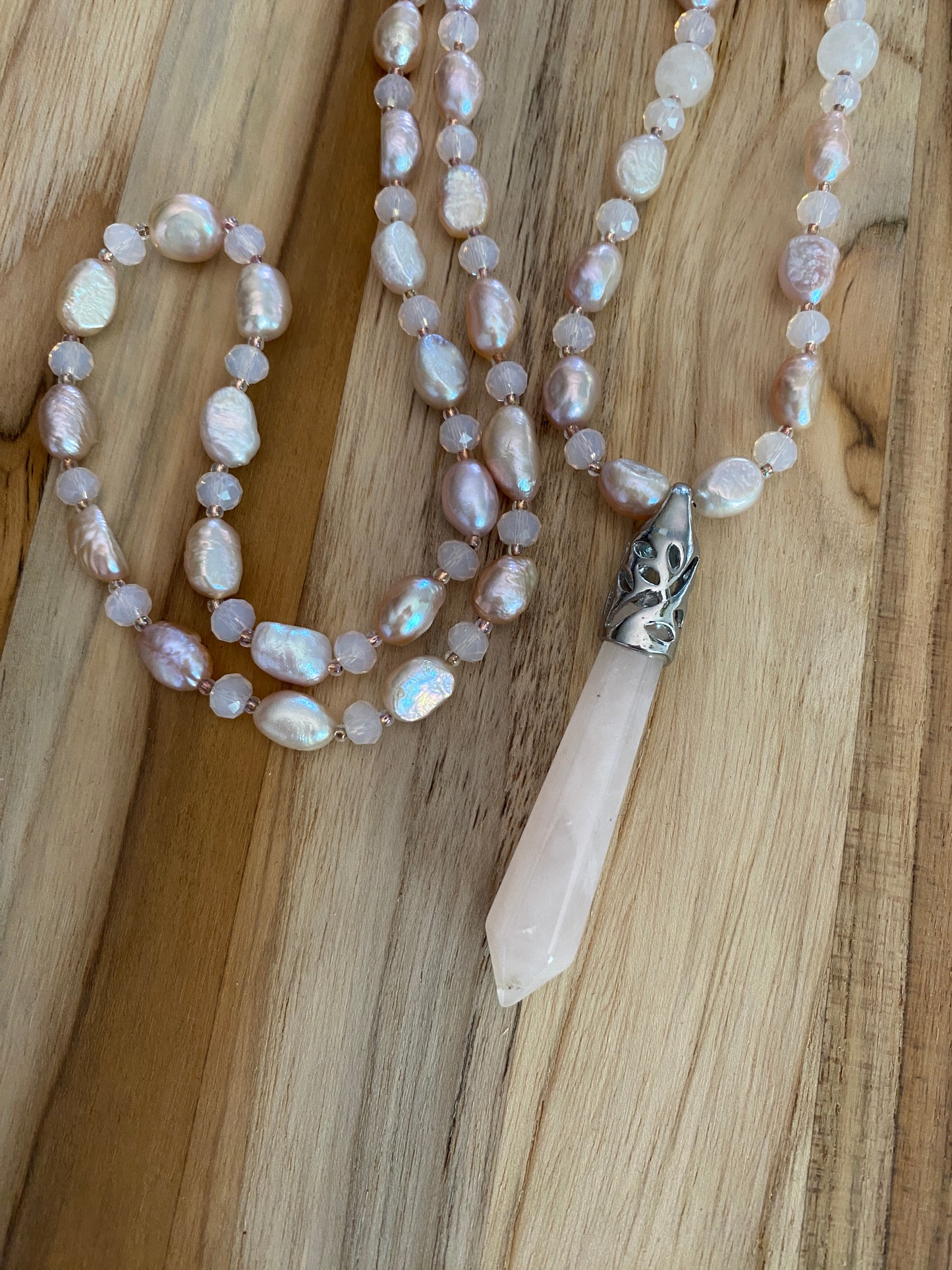 28" Long Rose Quartz Beaded Pendulum Necklace with Pearl & Crystal Beads - My Urban Gems