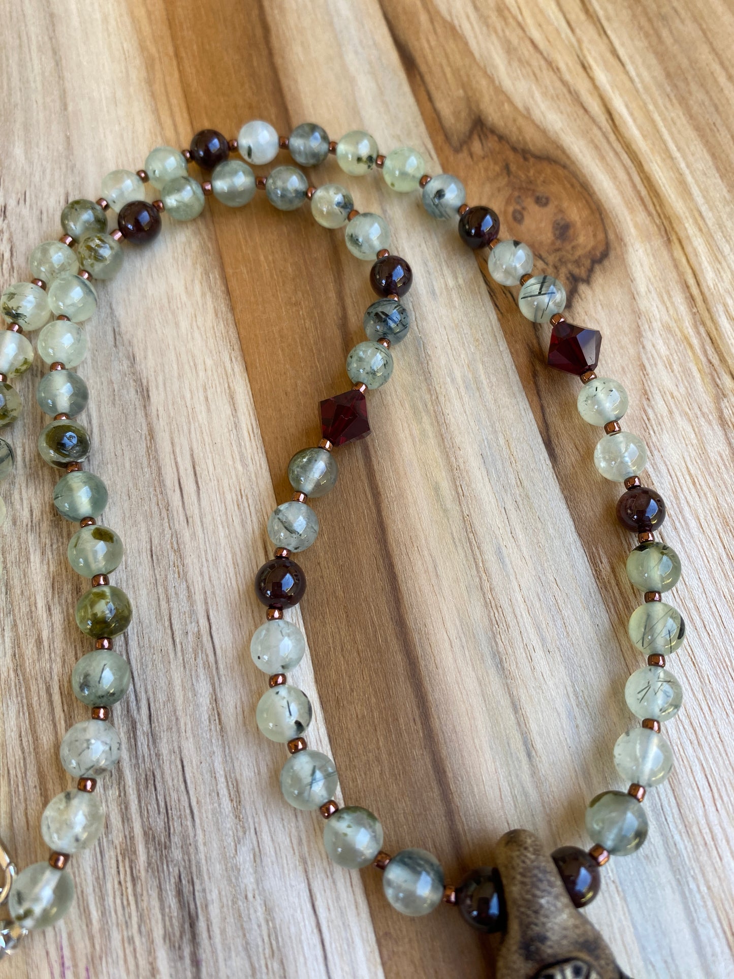 Prehnite Pendant Necklace with Prehnite and Garnet Beads