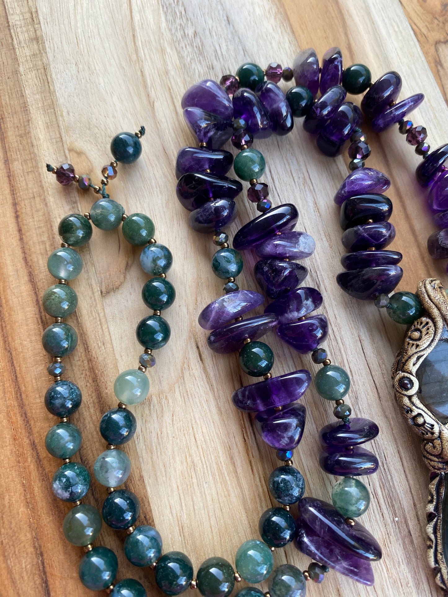 Polymer Clay Labradorite Pendant Necklace with Amethyst and Moss Agate Beads