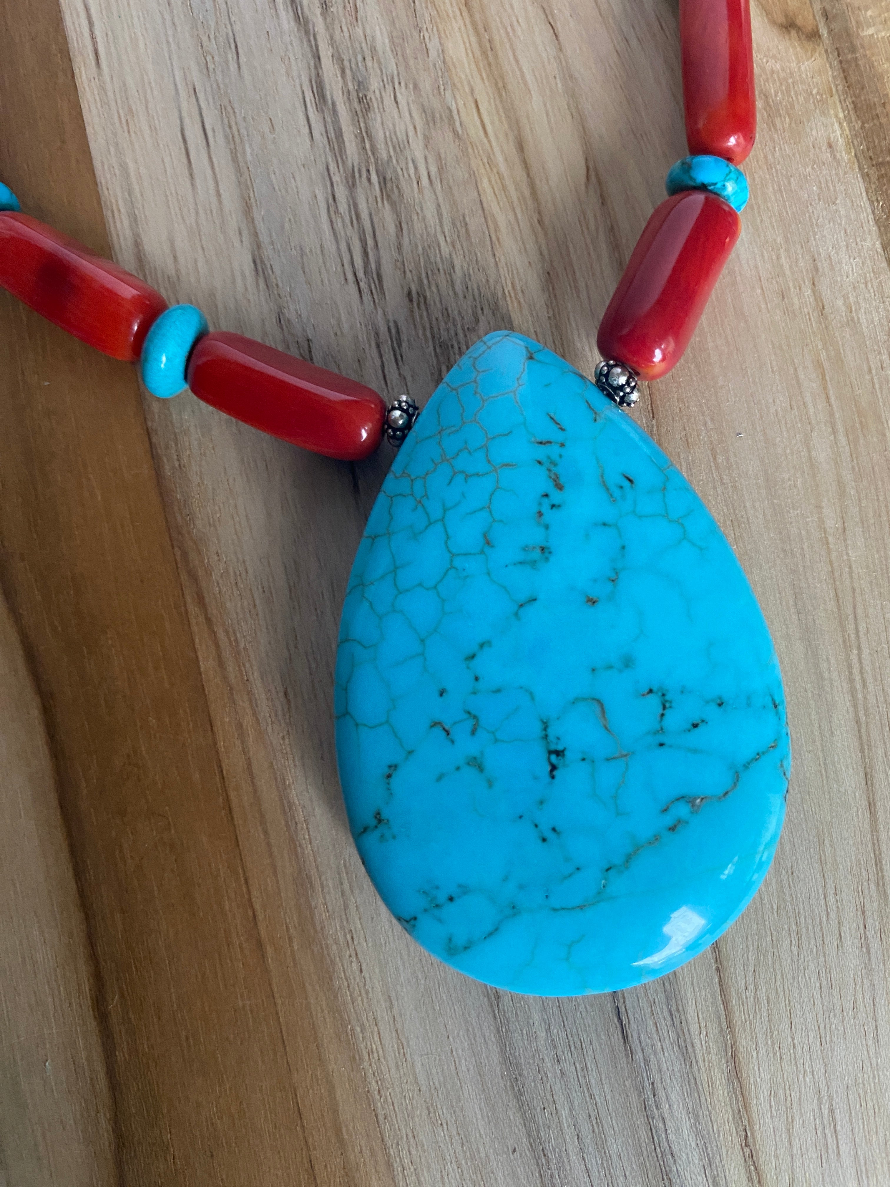 17" Long Turquoise Beaded Pendant Necklace with Red Tube Beads - My Urban Gems