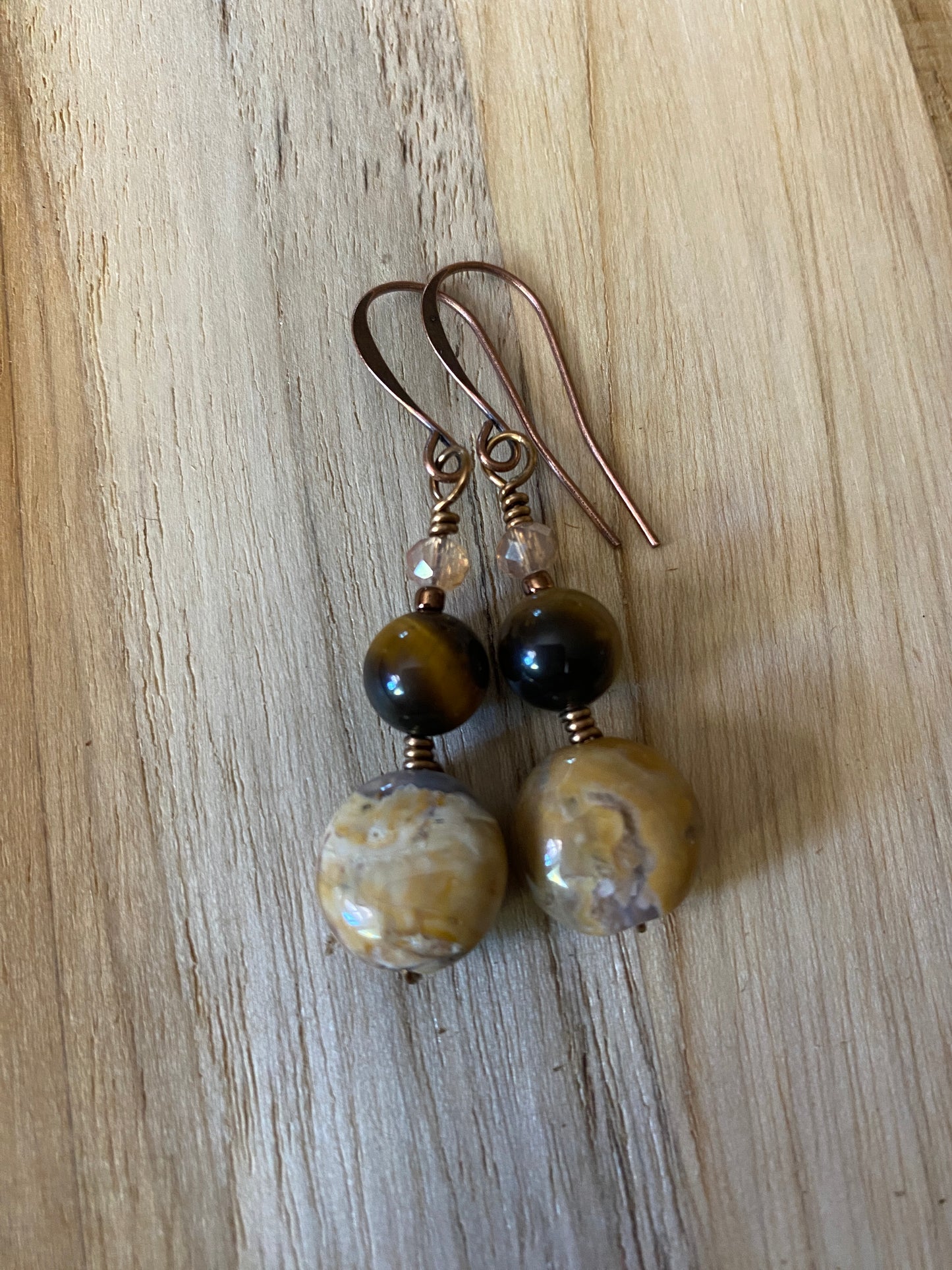 Tiger Eye and Agate Copper Fishhook Dangle Earrings - My Urban Gems