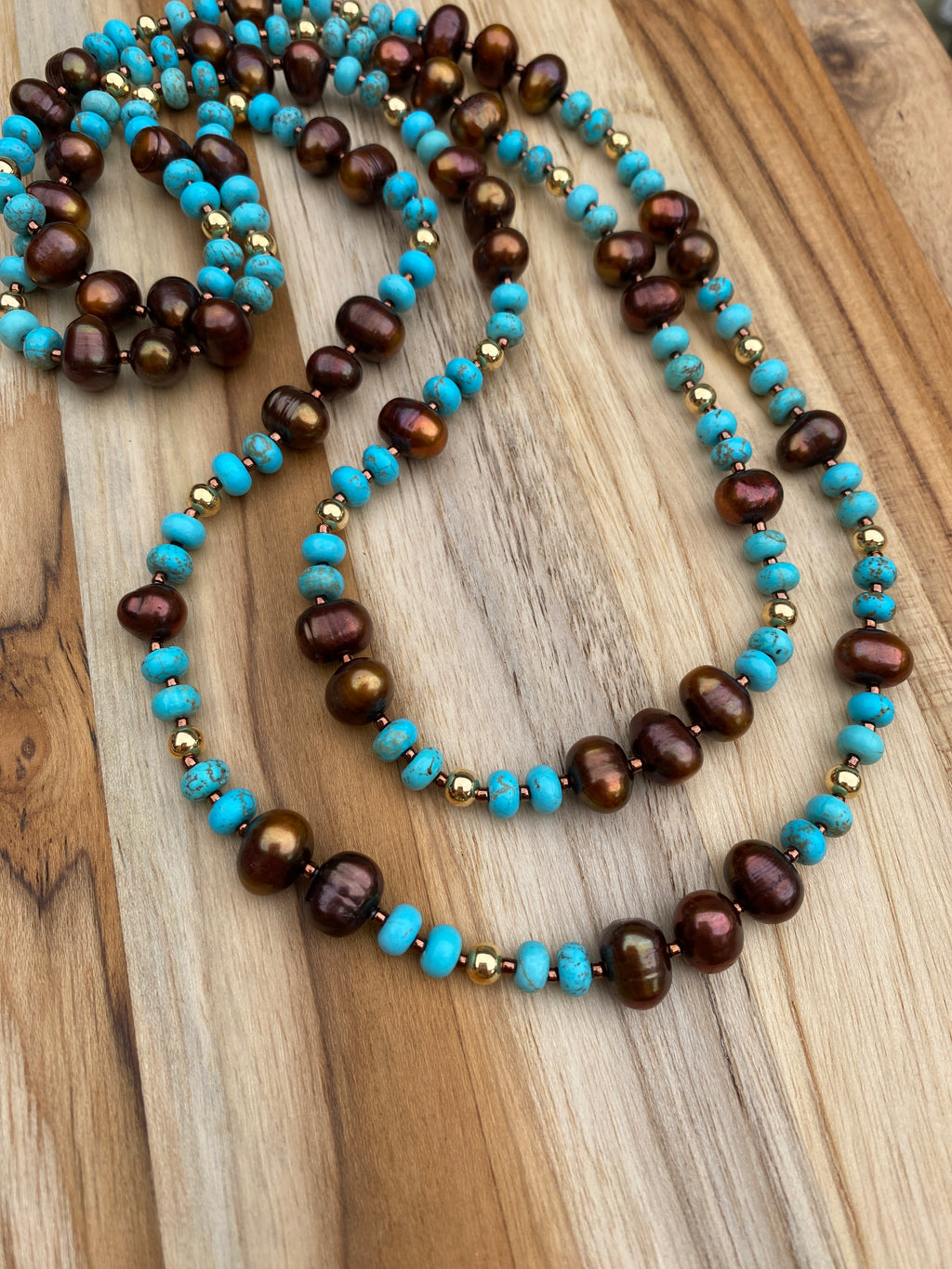 46” Long Natural Nevada Turquoise and Chocolate Pearl Necklace with Gold