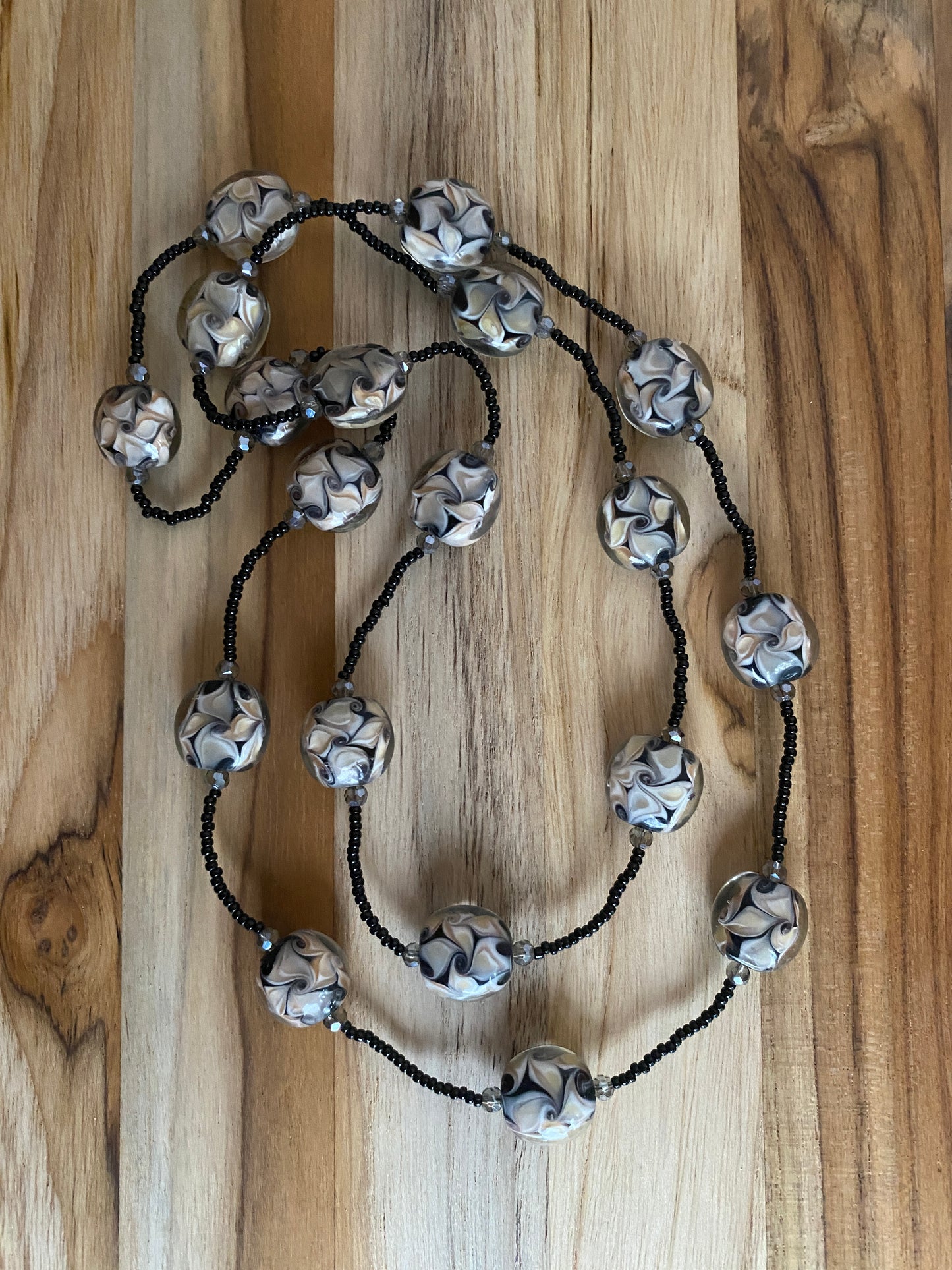 36" Black Swirl Art Glass & Crystal Necklace