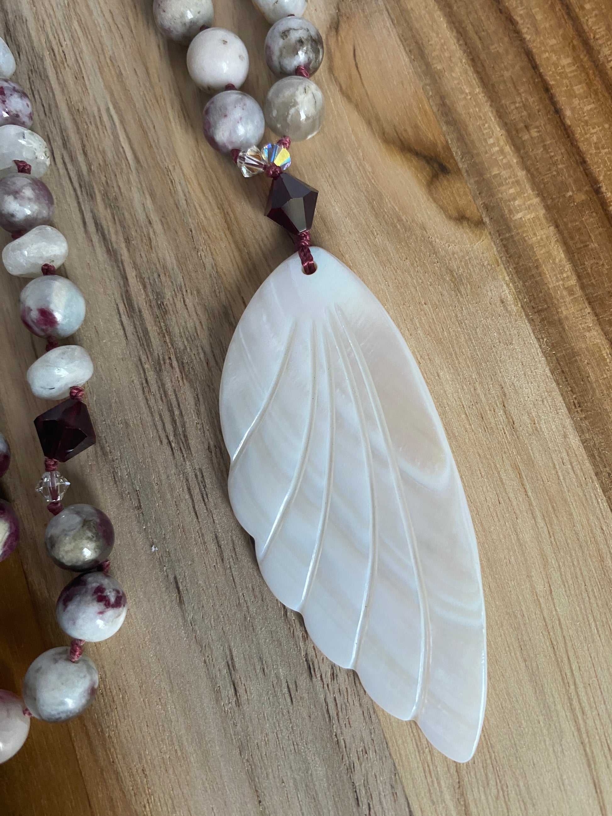 30" Long Mother of Pearl Wing Pendant Necklace with Tourmaline, Moonstone & Crystal Beads - My Urban Gems