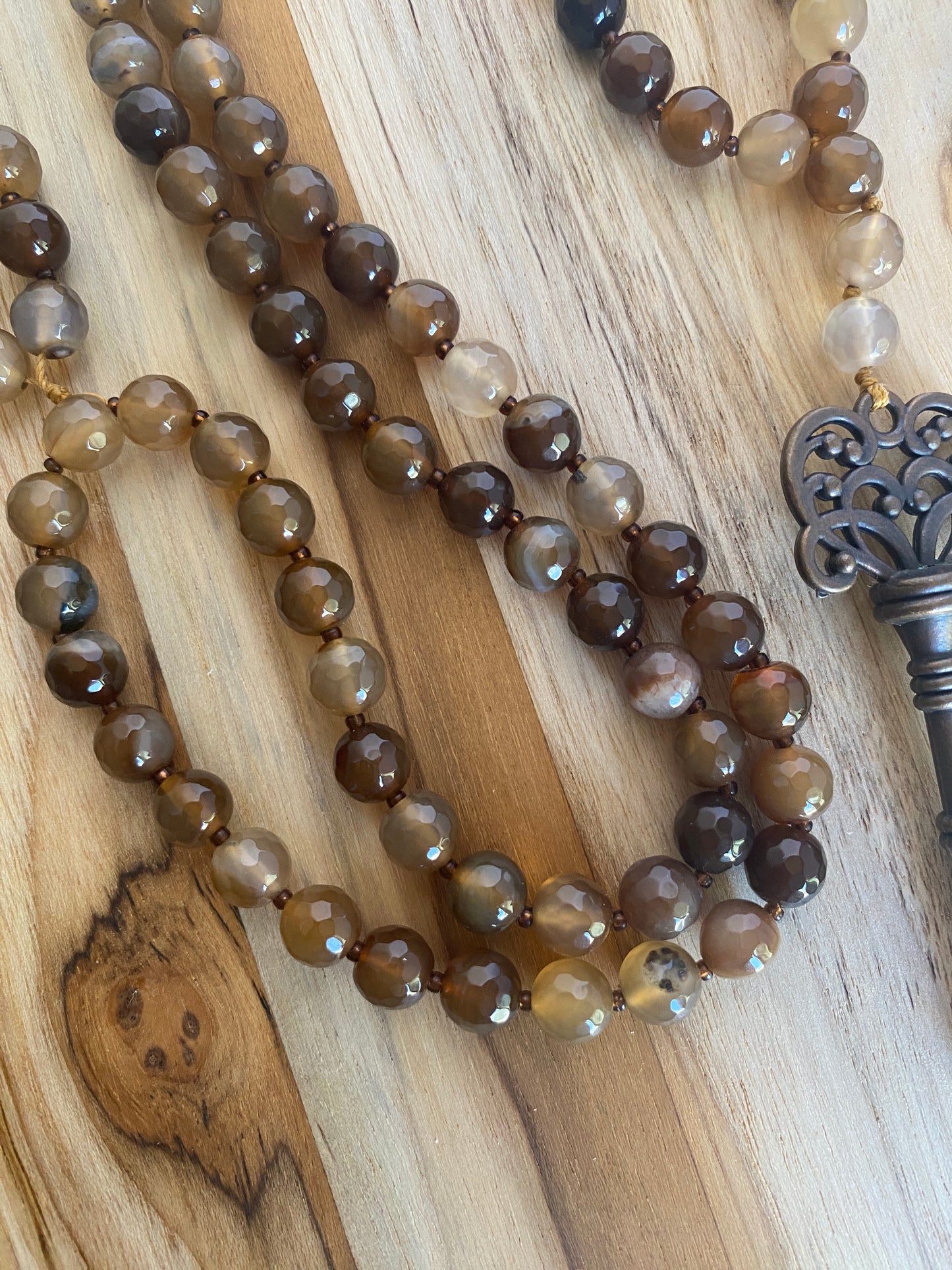 30" Brown Coffee Color Faceted Agate Beaded Necklace with Bronze Color Key - My Urban Gems