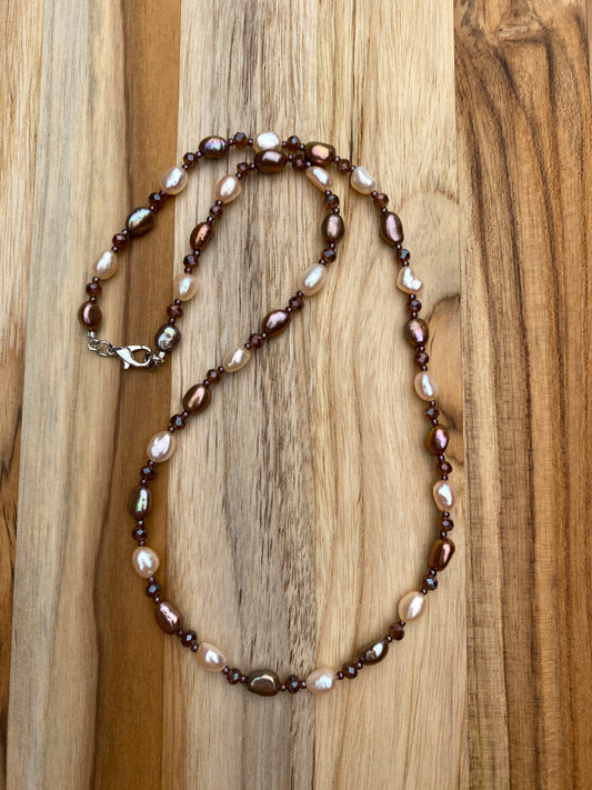 Dainty Brown and Cream Freshwater Pearl Beaded Necklace with Crystal Beads