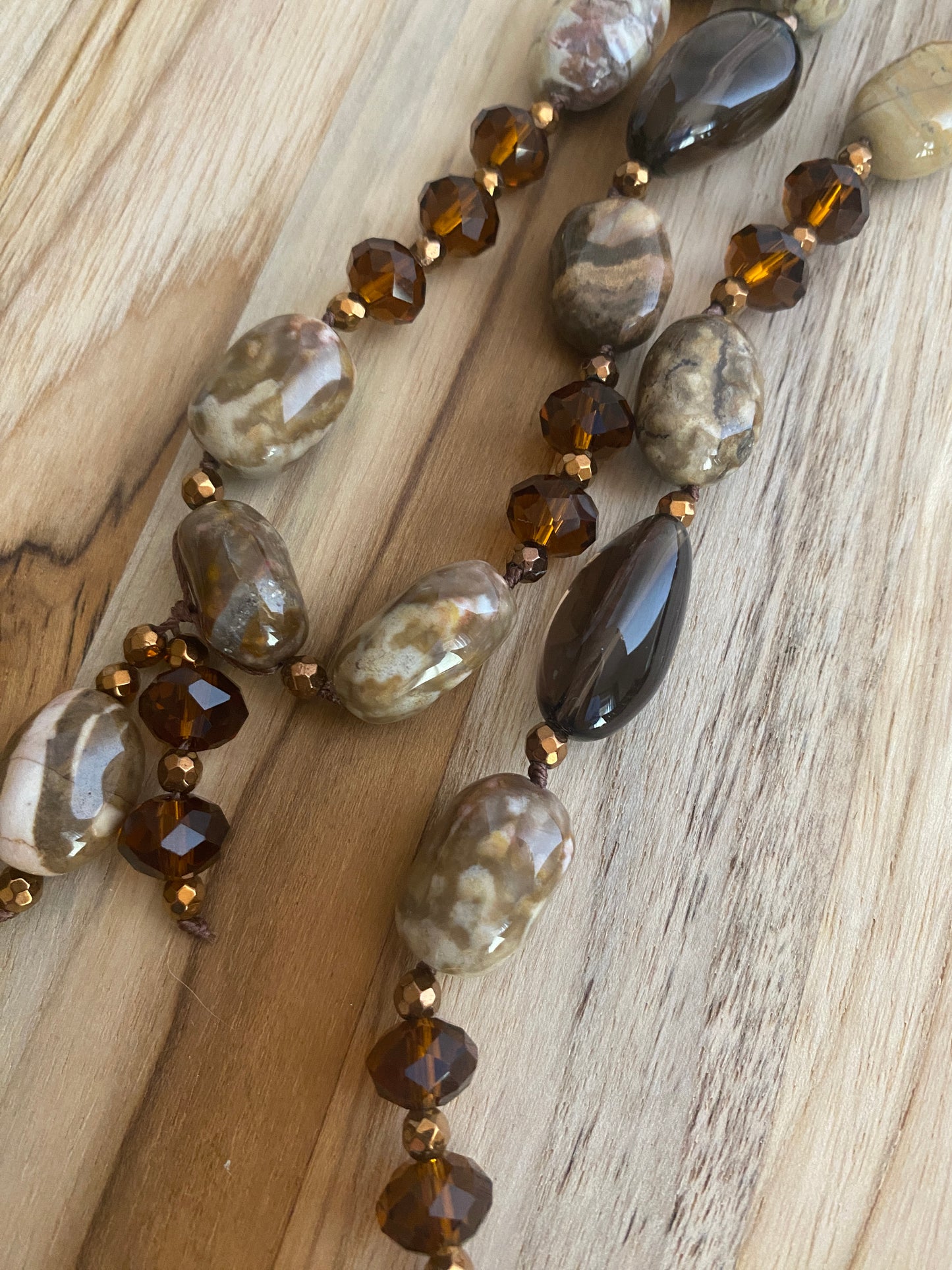 30" Long Shades of Brown Picture Jasper, Smoky Quartz & Crystal Necklace