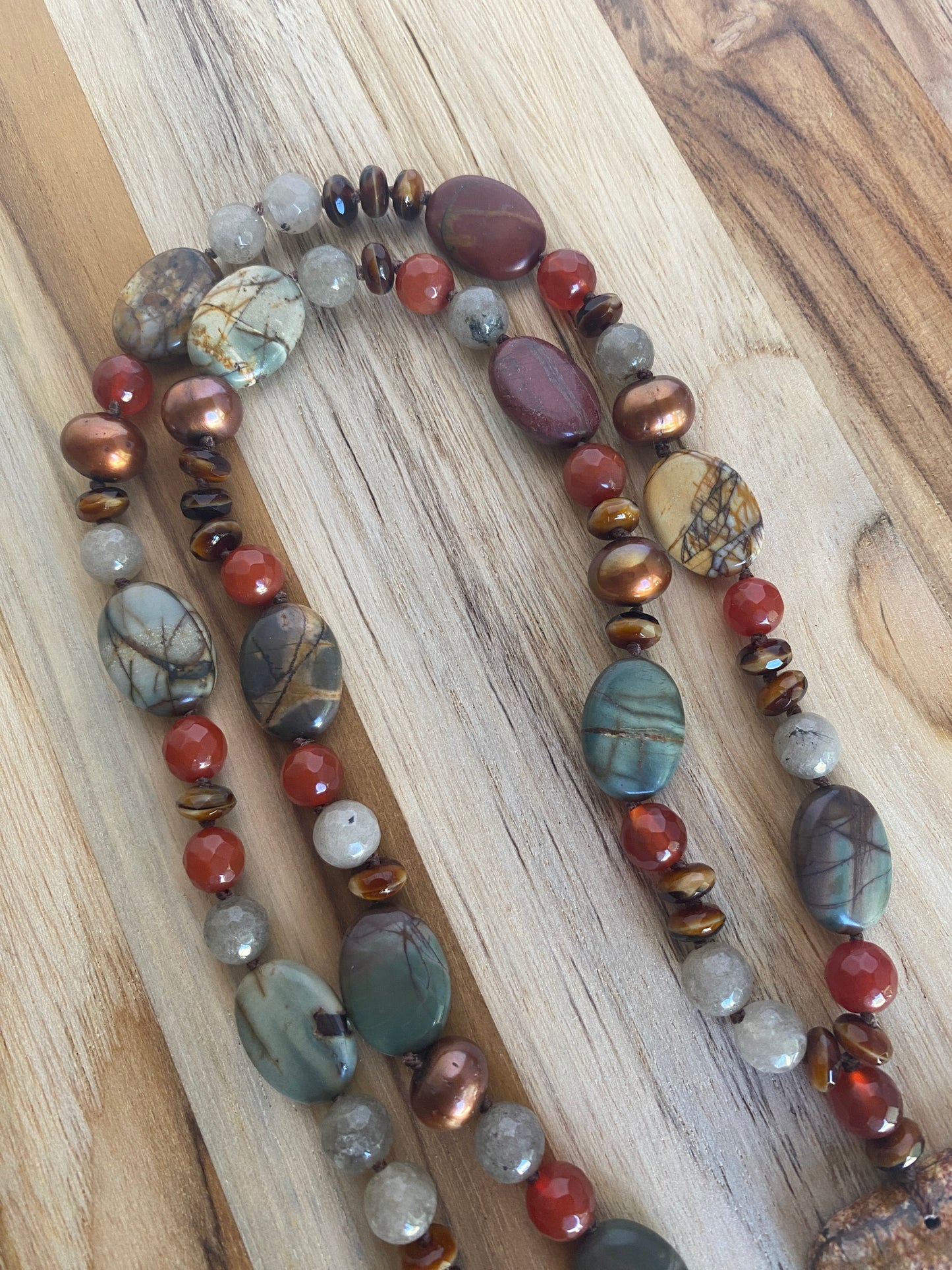 28" Long Picasso Jasper Oblong Pendant Necklace with Jasper Carnelian & Pearl Beads - My Urban Gems