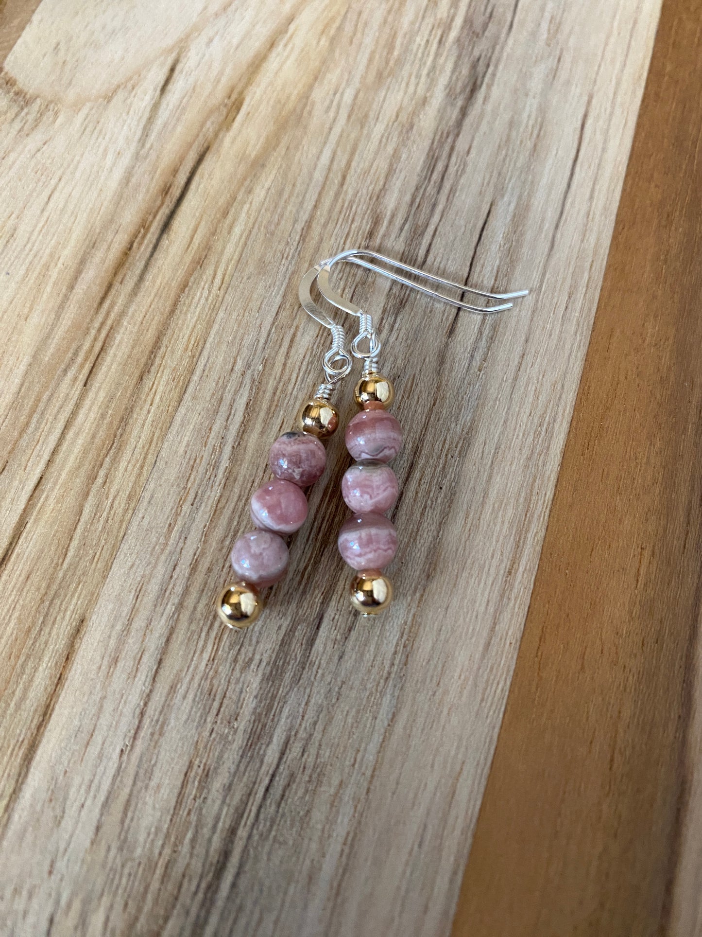 Dainty Rhodochrosite Dangle Earrings with Gold and Silver