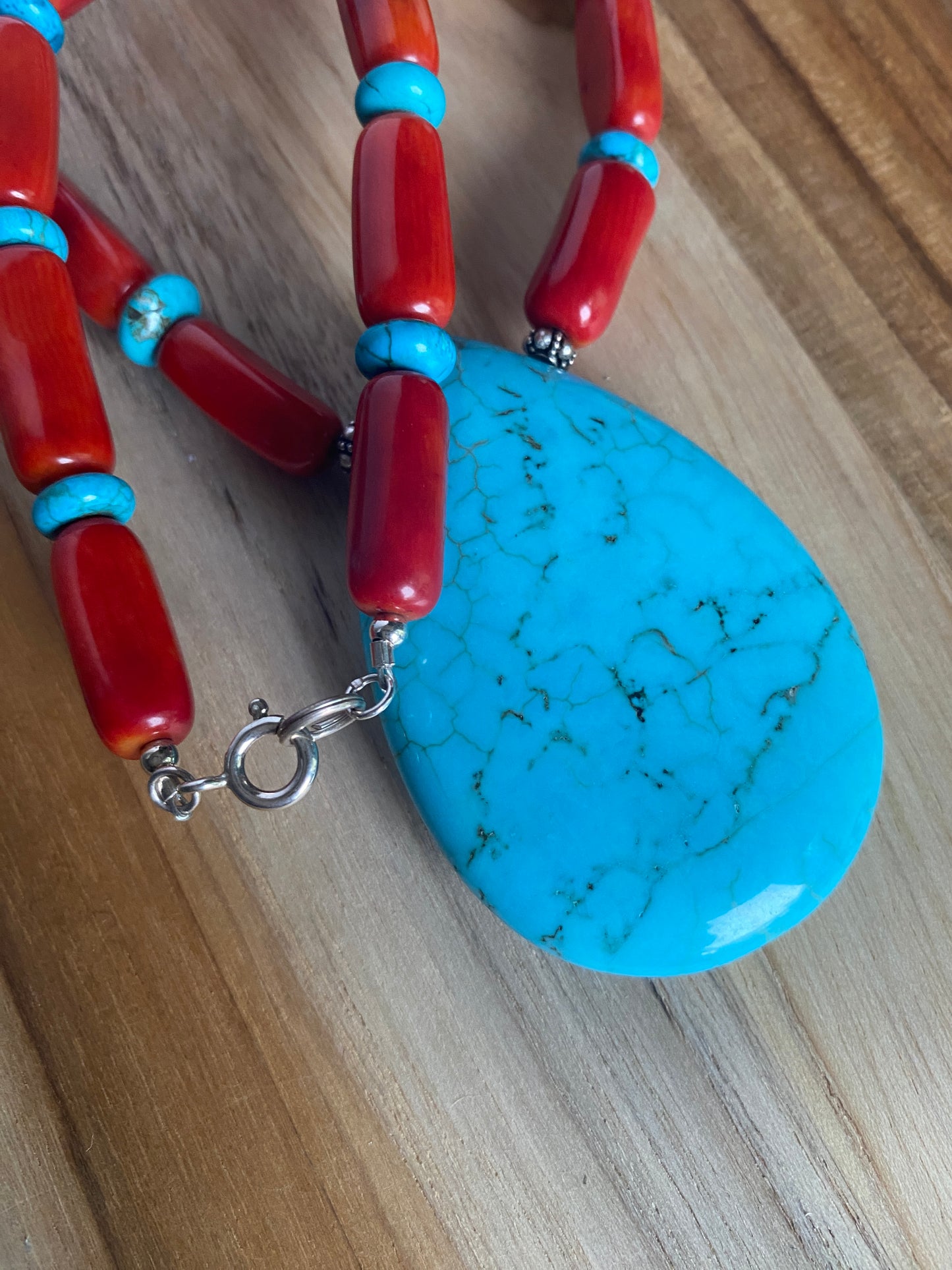 17" Long Turquoise Beaded Pendant Necklace with Red Tube Beads
