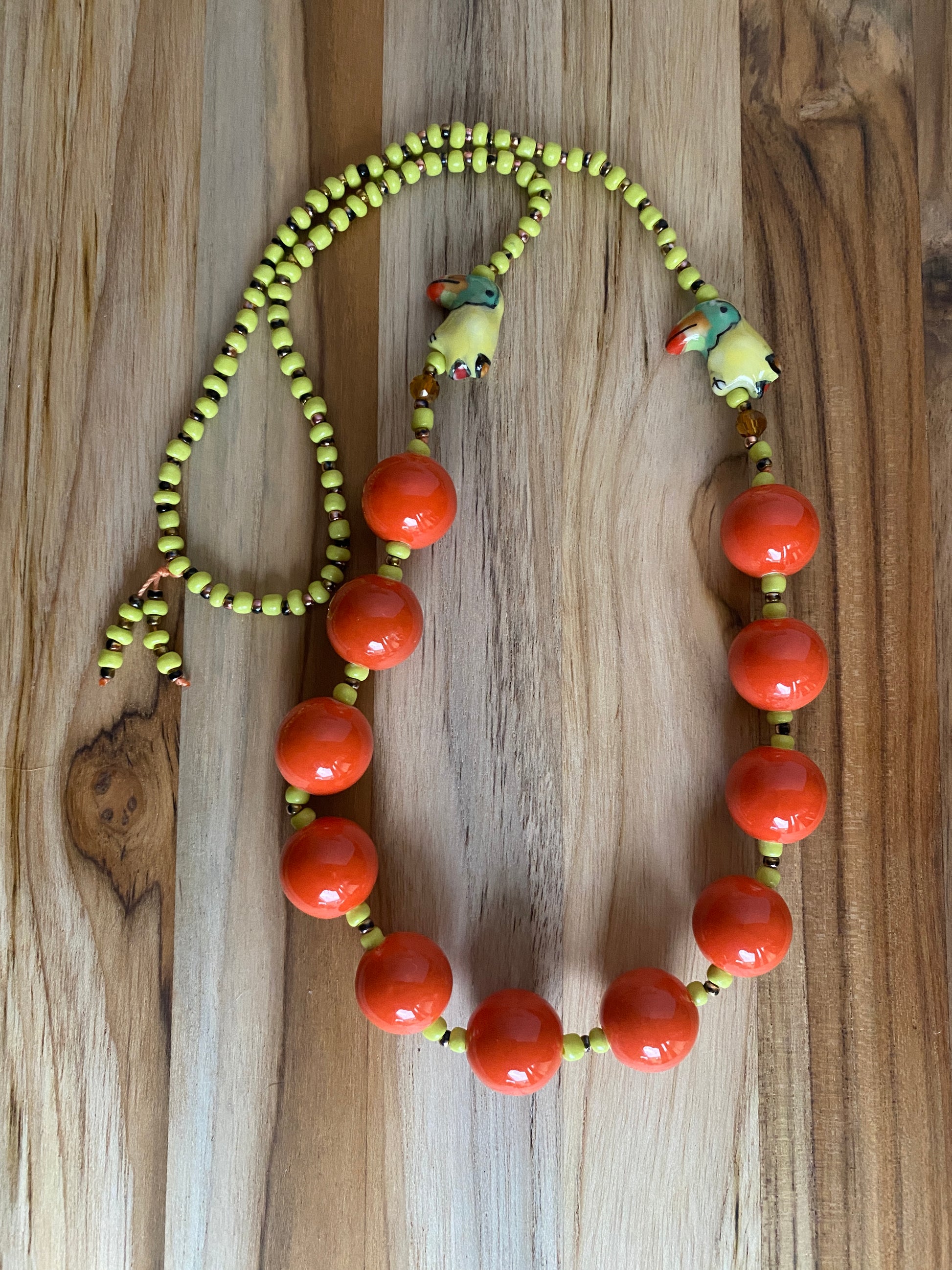 28" Long Large Orange Ceramic Beaded Necklace with Parrot and Yellow Beads - My Urban Gems