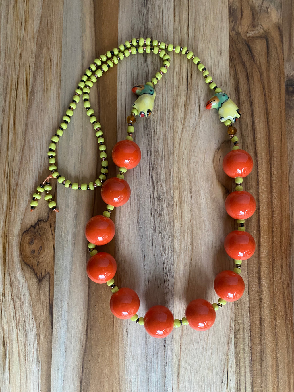 28" Long Large Orange Ceramic Beaded Necklace with Parrot and Yellow Beads - My Urban Gems