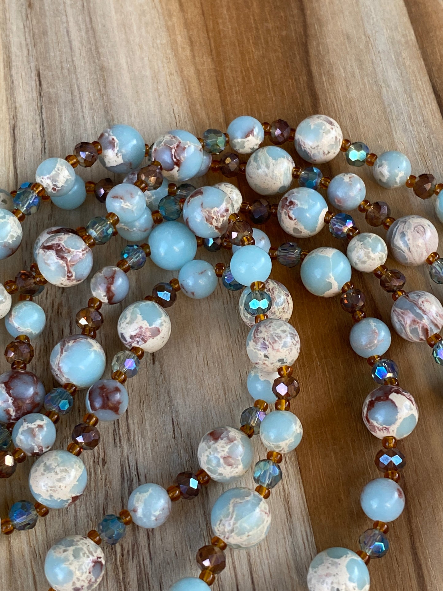 60" Extra Long Light Blue Shoushan Stone Beaded Wraparound Necklace with Crystal Beads