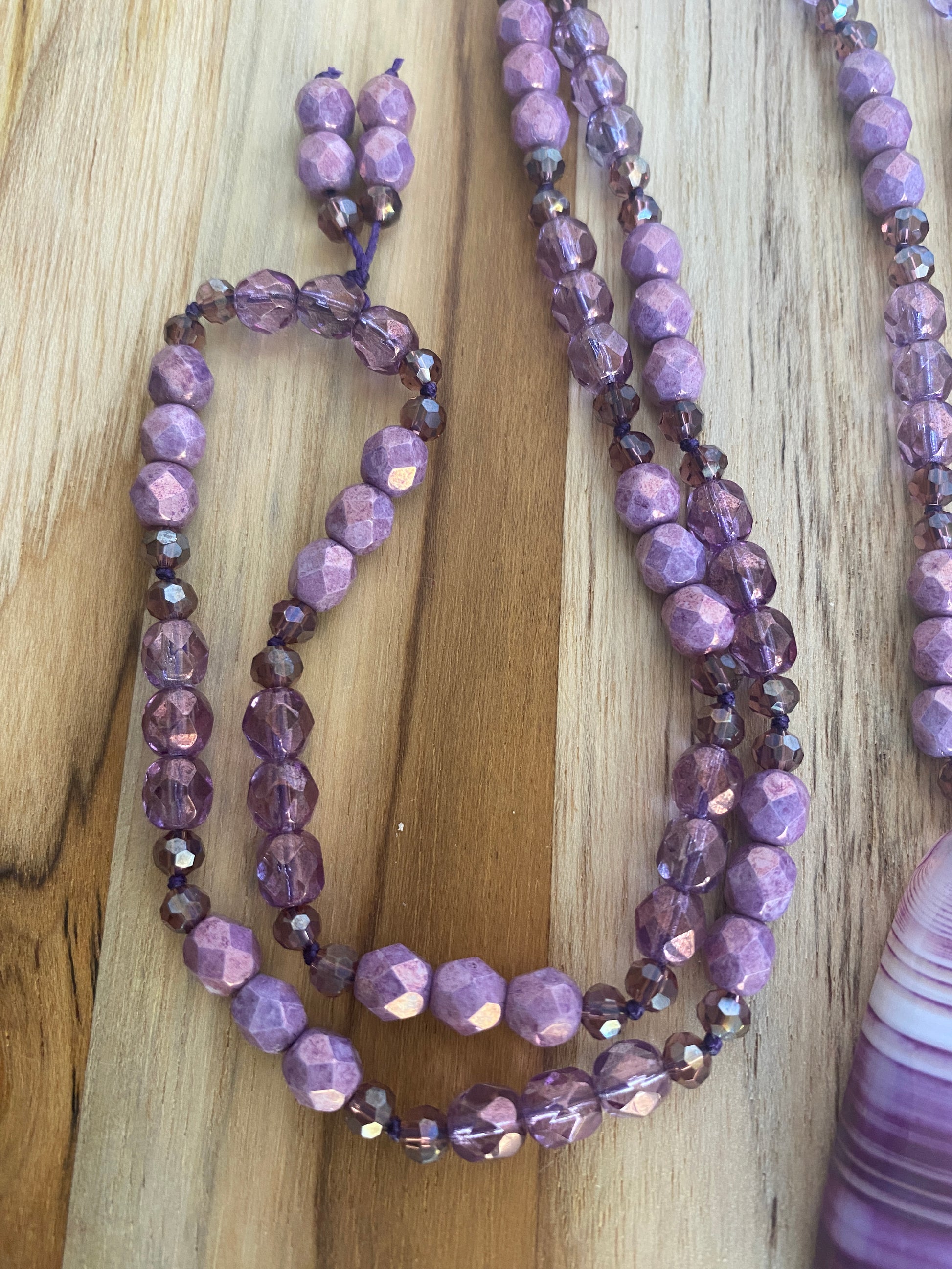 28" Long Purple Stripes Agate Beaded Necklace with Czech Glass & Crystal Beads - My Urban Gems