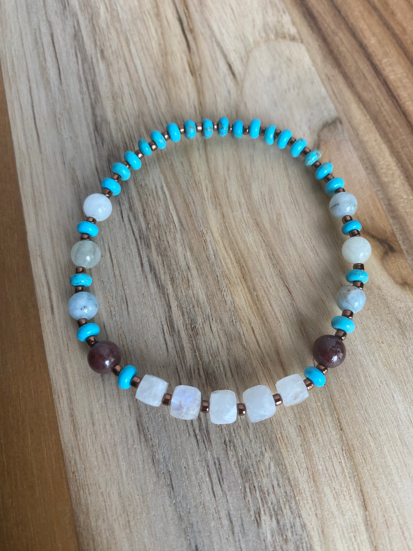 Multi Gemstone Stretch Bracelet with Moonstone Garnet Turquoise and Aquamarine