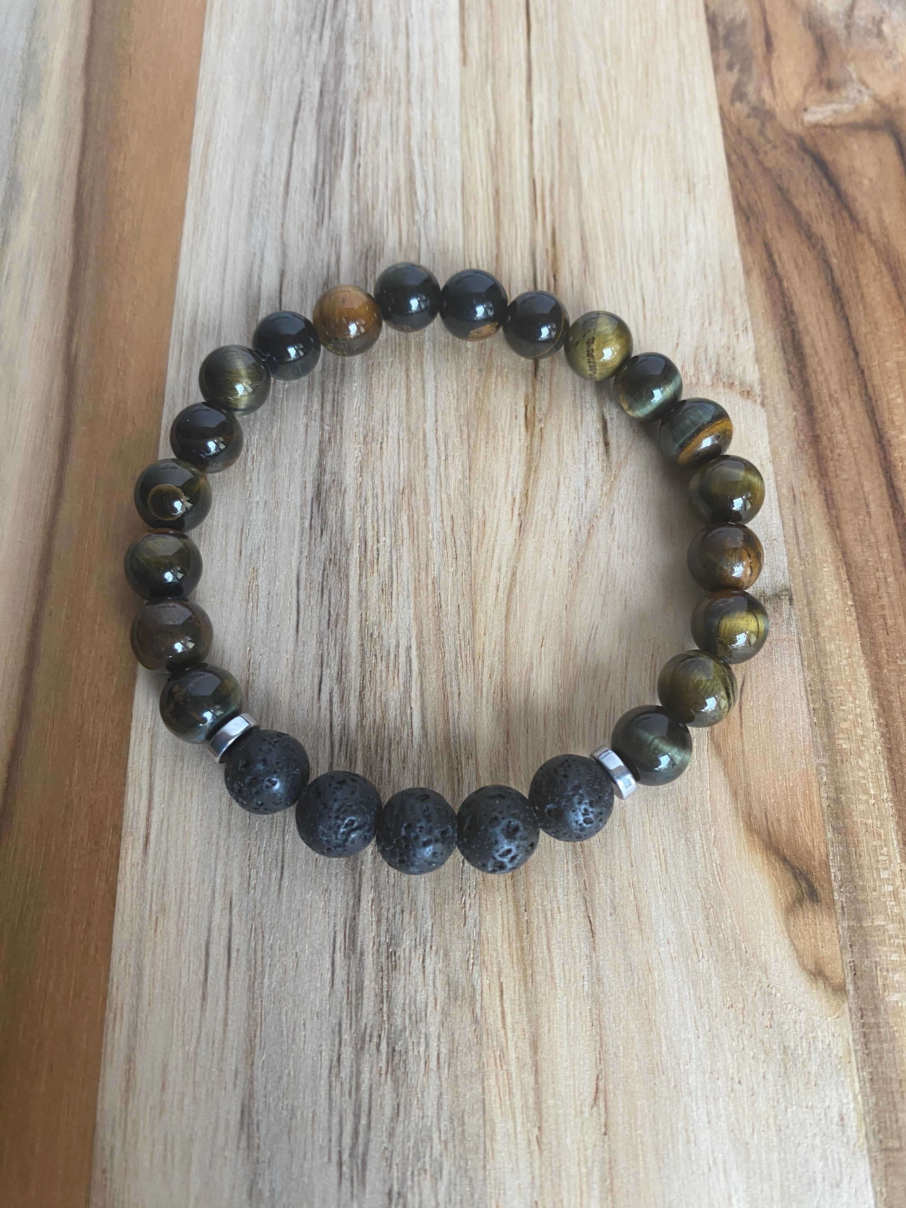 Men’s/Unisex Aromatherapy Beaded Stretch Bracelet with Tigereye & Black Lava Stone Beads ~ 7.5”