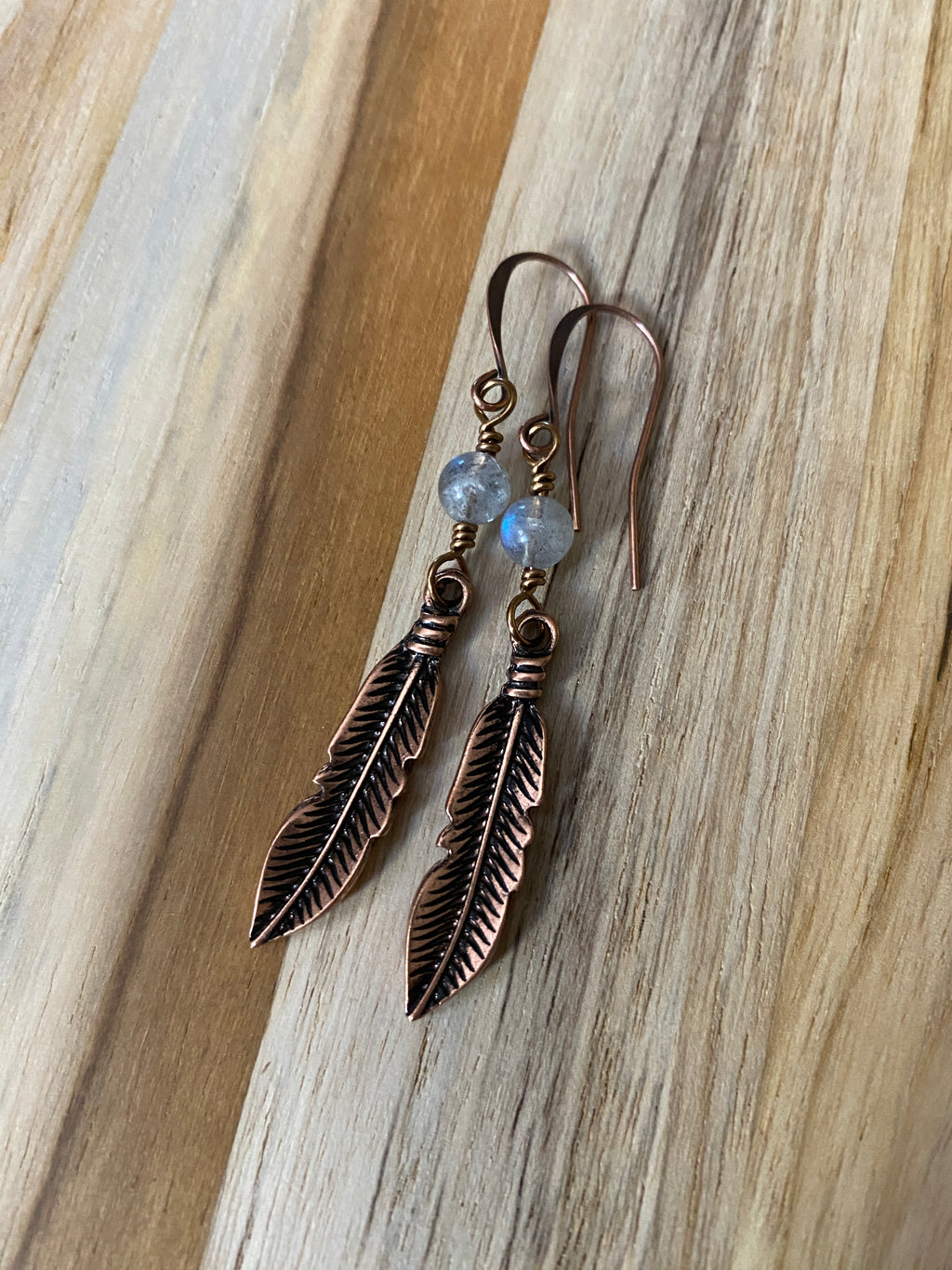 Long Copper Feather Fangle Earrings with Labradorite