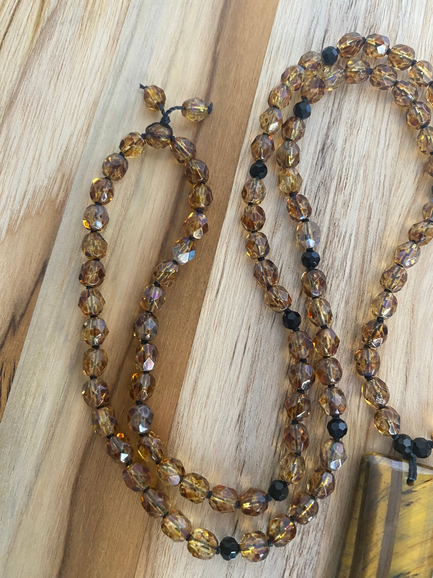 28" Hand Knotted Tiger Eye Pendant Necklace with Picasso Czech Glass & Crystal Beads - My Urban Gems