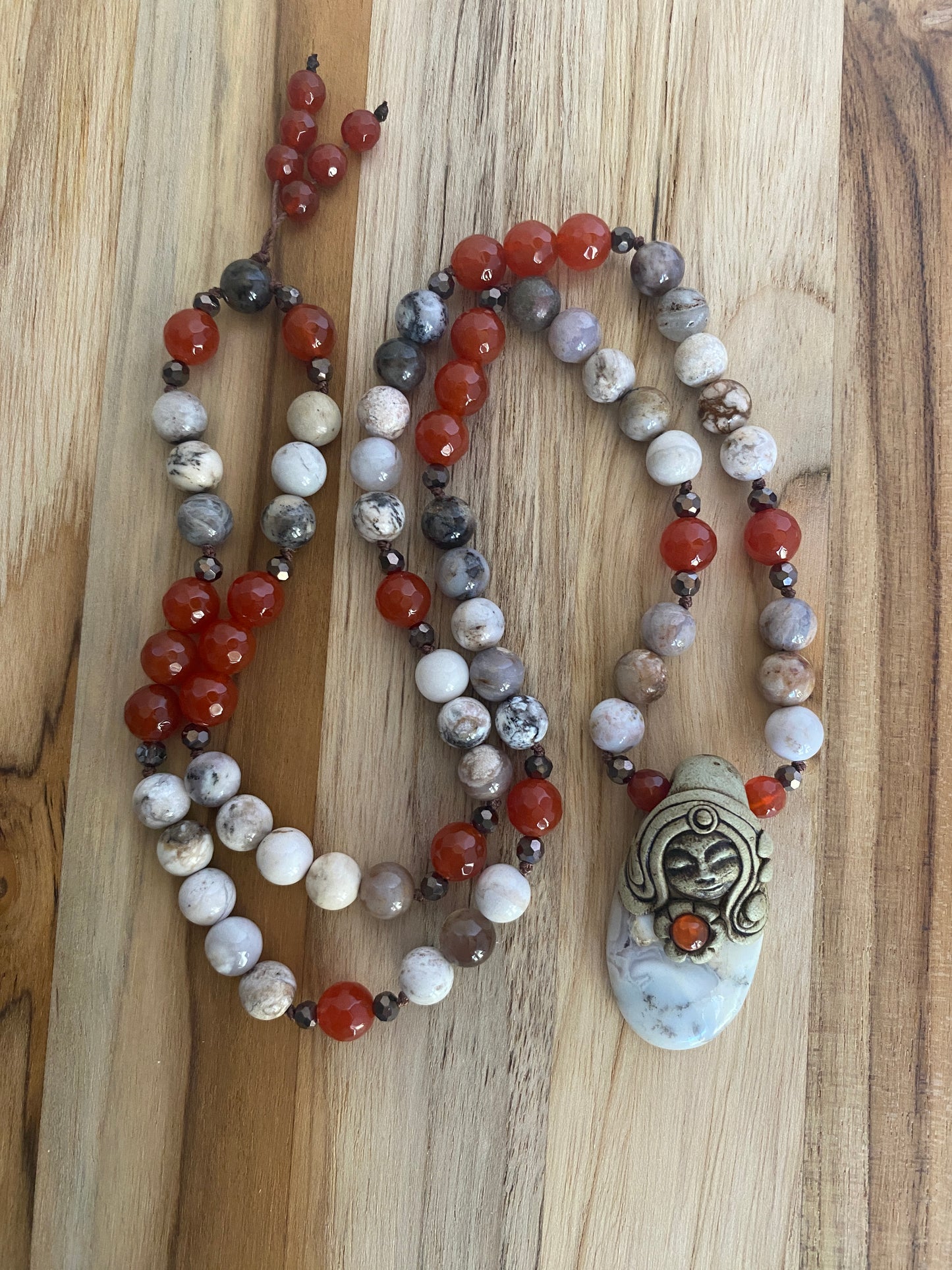 26" Long Dendritic Agate Clay Goddess Pendant Beaded Necklace with Carnelian & Agate Beads