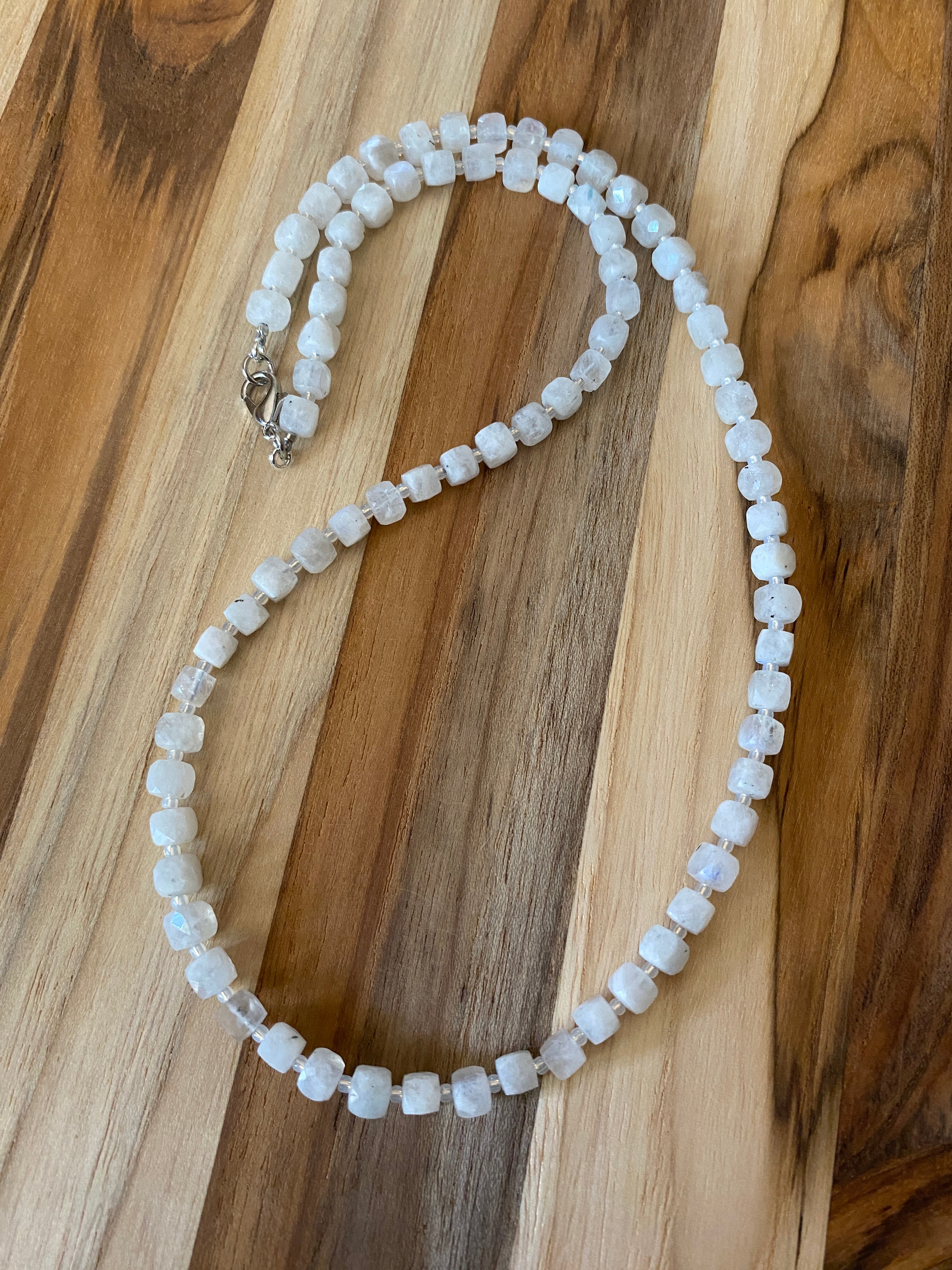 Dainty Simplistic Rainbow Moonstone Faceted Cube Beaded Necklace