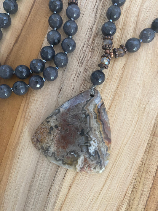 30" Long Crazy Lace Triangle Agate Pendant Necklace with Dark Grey Agate, Crystal & Copper Beads