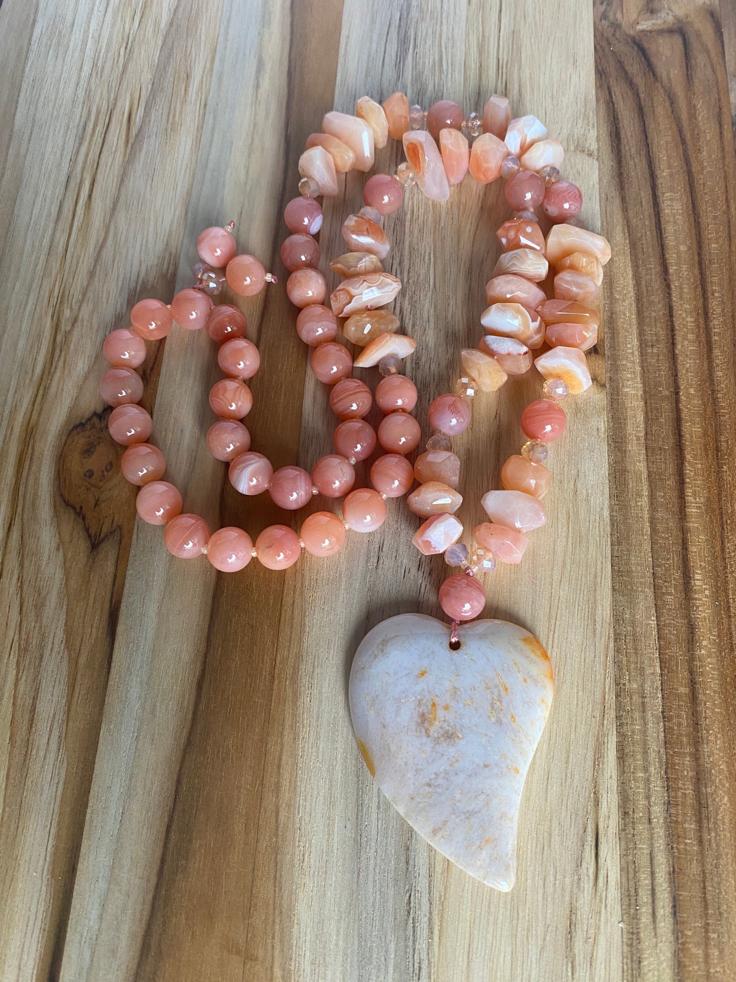 28" Long Agate Heart Pendant Necklace with Red Agate & Crystal Beads
