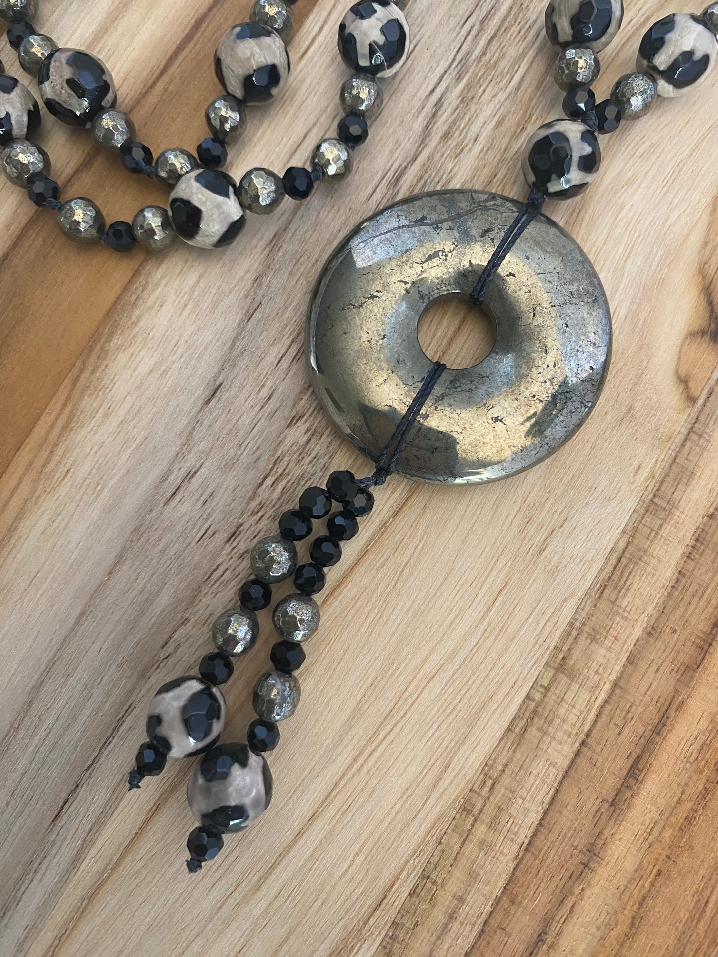 30" Pyrite Donut Dangle Necklace with Agate, Pyrite & Crystals - My Urban Gems