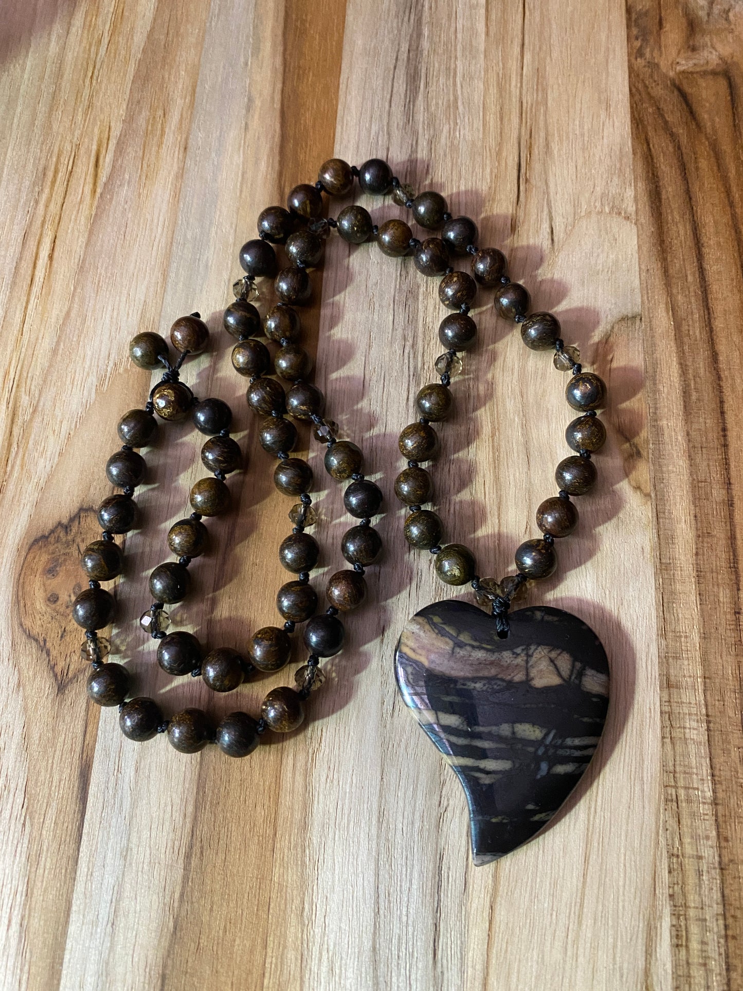 Long Tiger Iron Heart Necklace with Bronzite and Crystal Beads