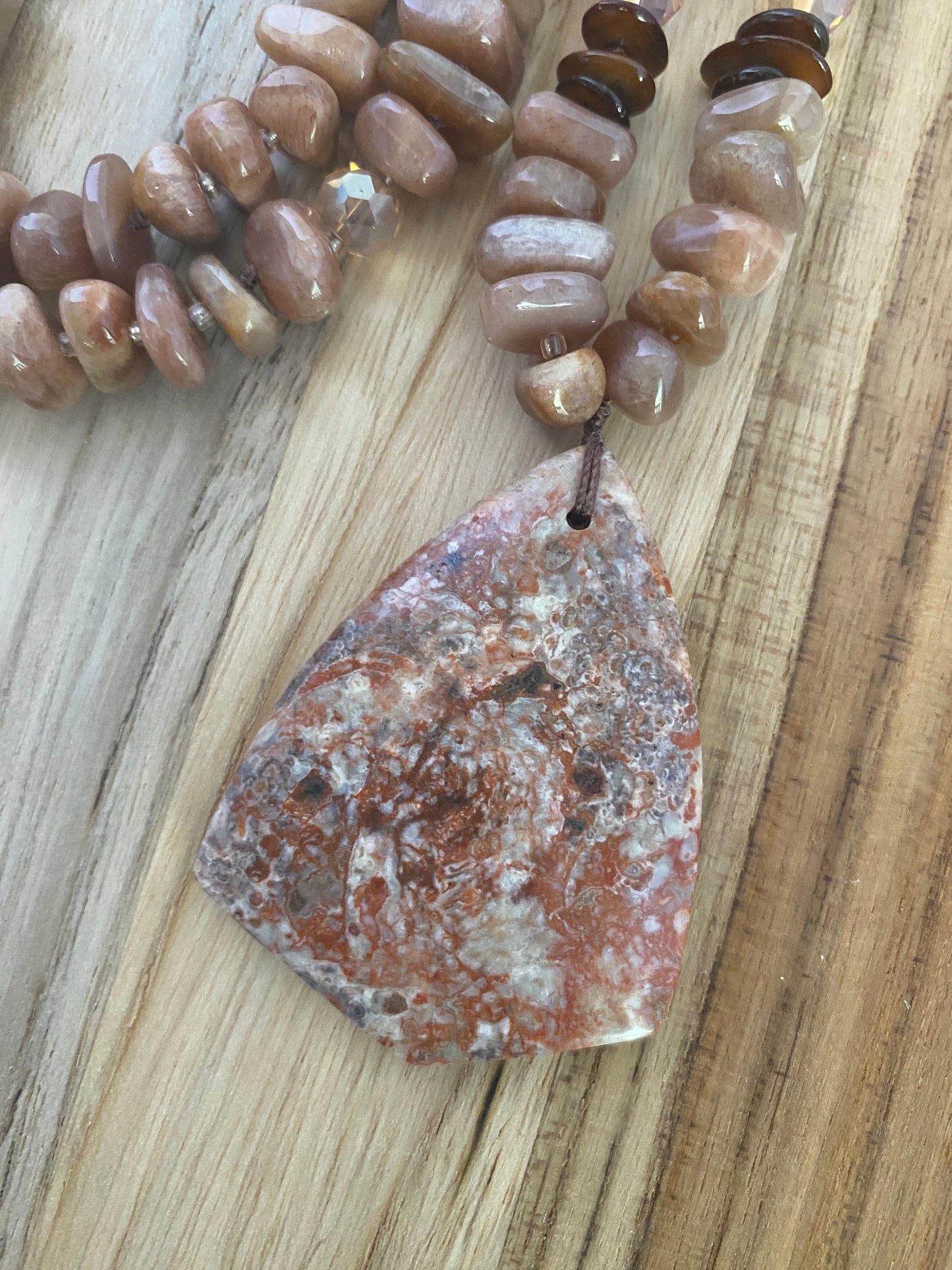 28" Long Ayaka Agate Beaded Pendant Necklace with Sunstone, Shell & Agate Beads - My Urban Gems