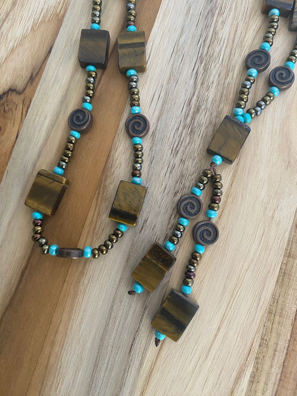 28" Long Rectangle ShapedTiger Eye Beaded Necklace with Antique Bronze Accents and Seed Beads - My Urban Gems