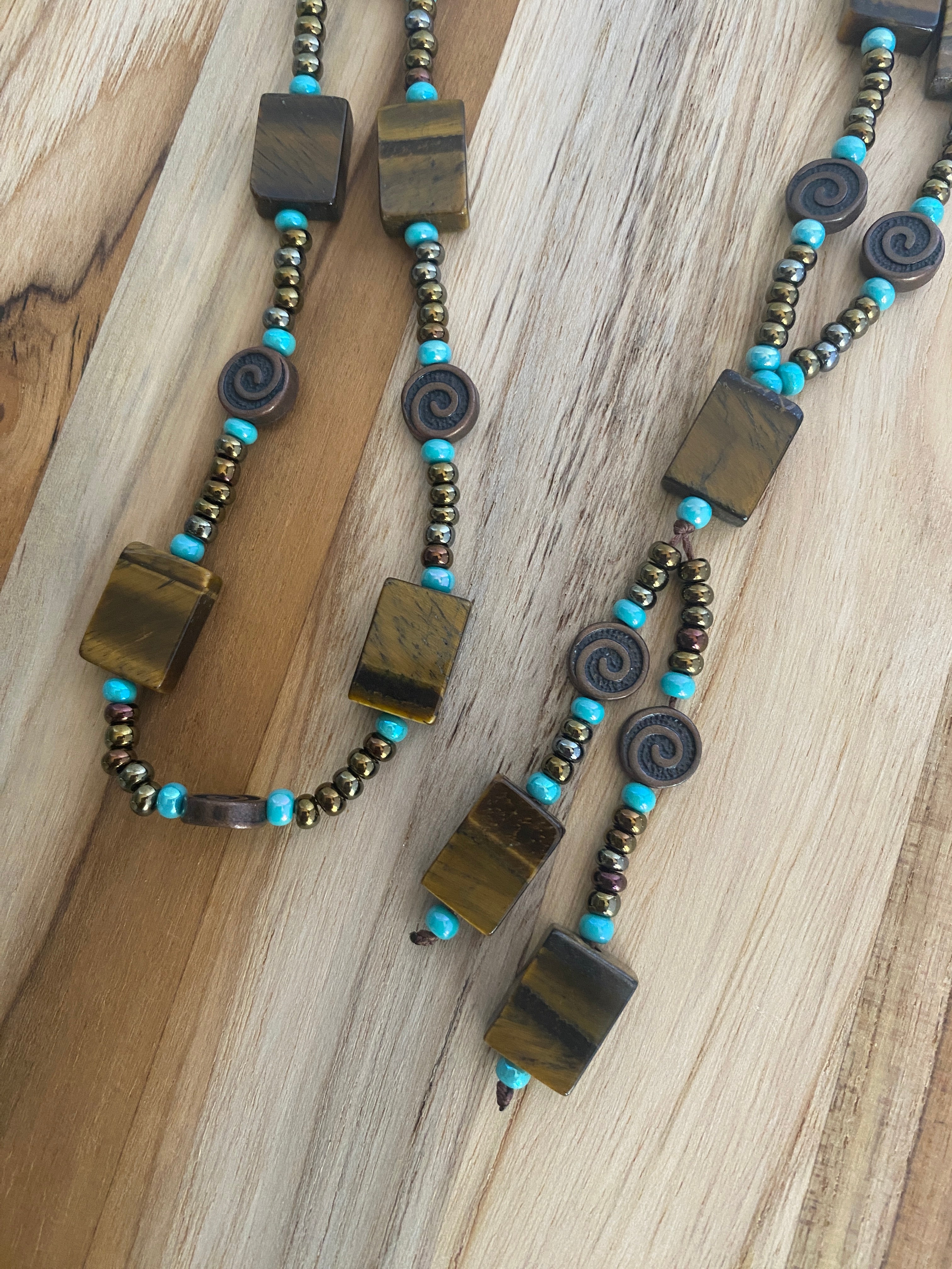 28" Long Rectangle ShapedTiger Eye Beaded Necklace with Antique Bronze Accents and Seed Beads - My Urban Gems