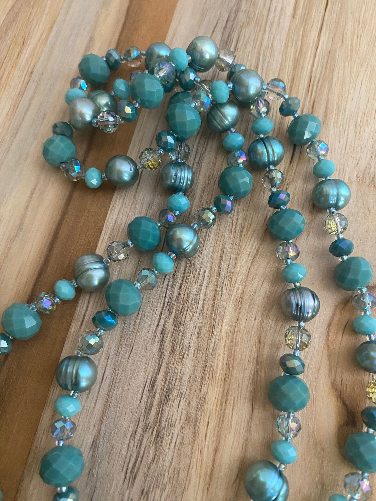 35" Long Teal Freshwater Pearl & Crystal Beaded Necklace