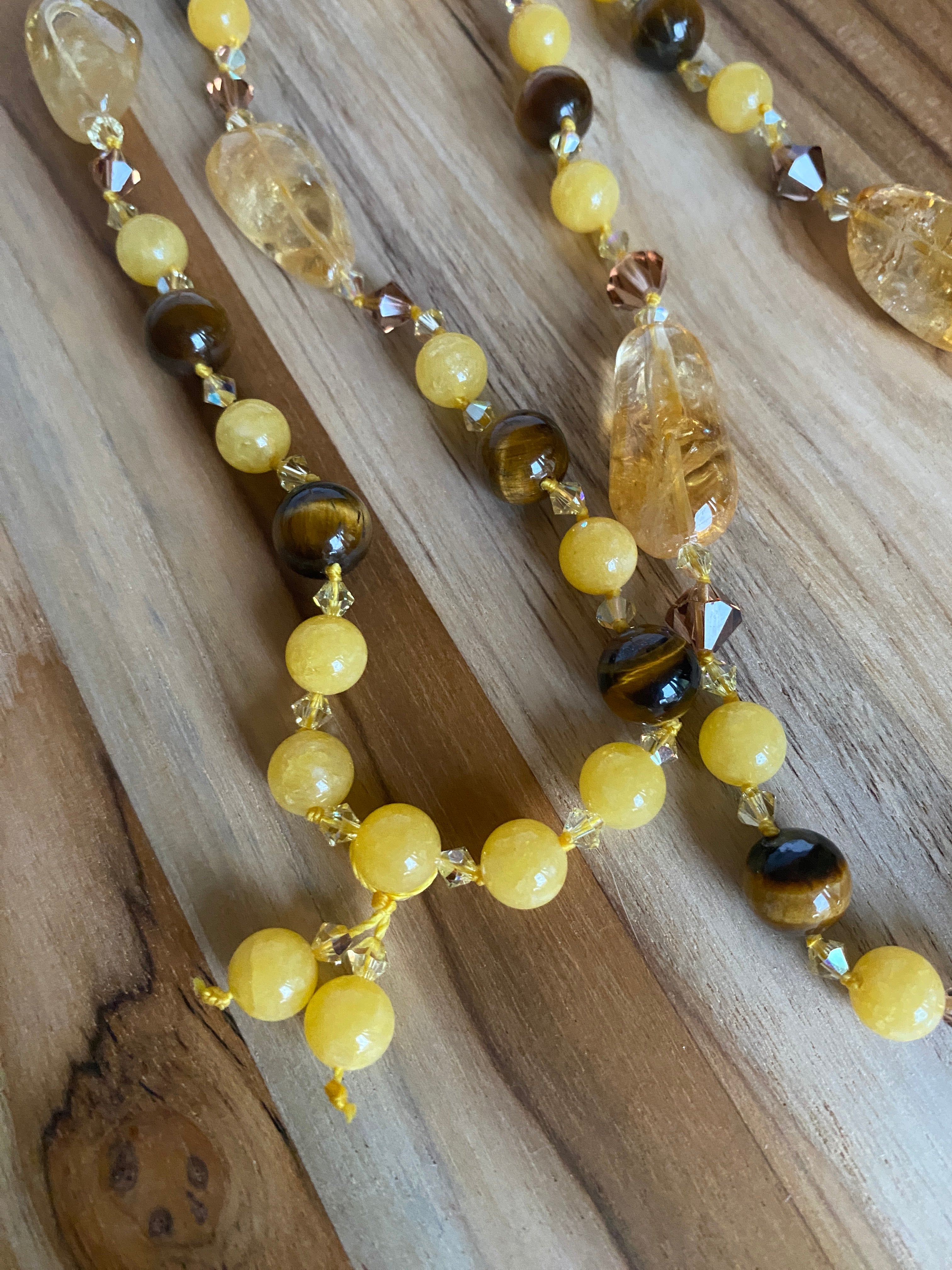 32" Long Citrine, Yellow Jade & Tiger Eye Beaded Necklace