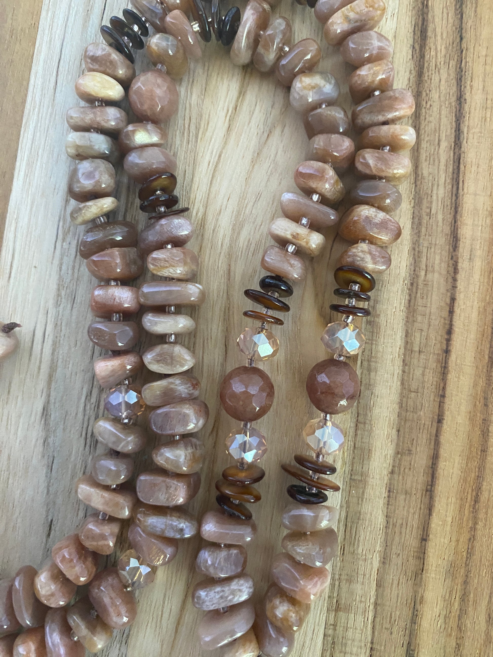 28" Long Ayaka Agate Beaded Pendant Necklace with Sunstone, Shell & Agate Beads - My Urban Gems