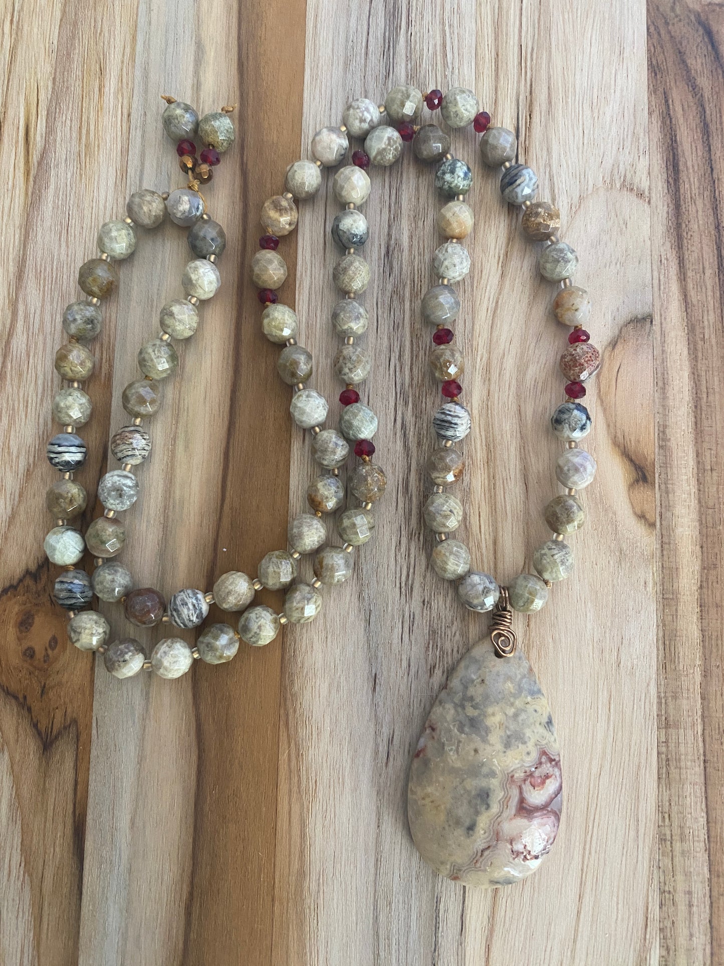 28" Long Beaded Crazy Lace Agate Pendant Necklace with Faceted Agate & Crystal Beads