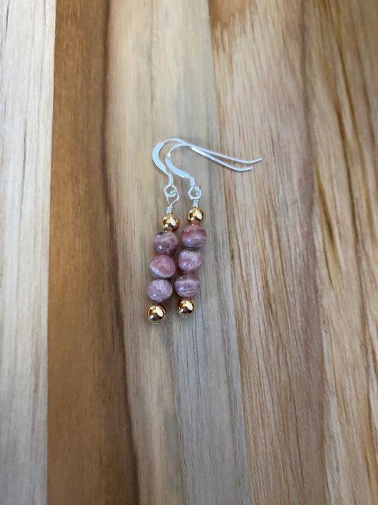 Dainty Rhodochrosite Dangle Earrings with Gold and Silver