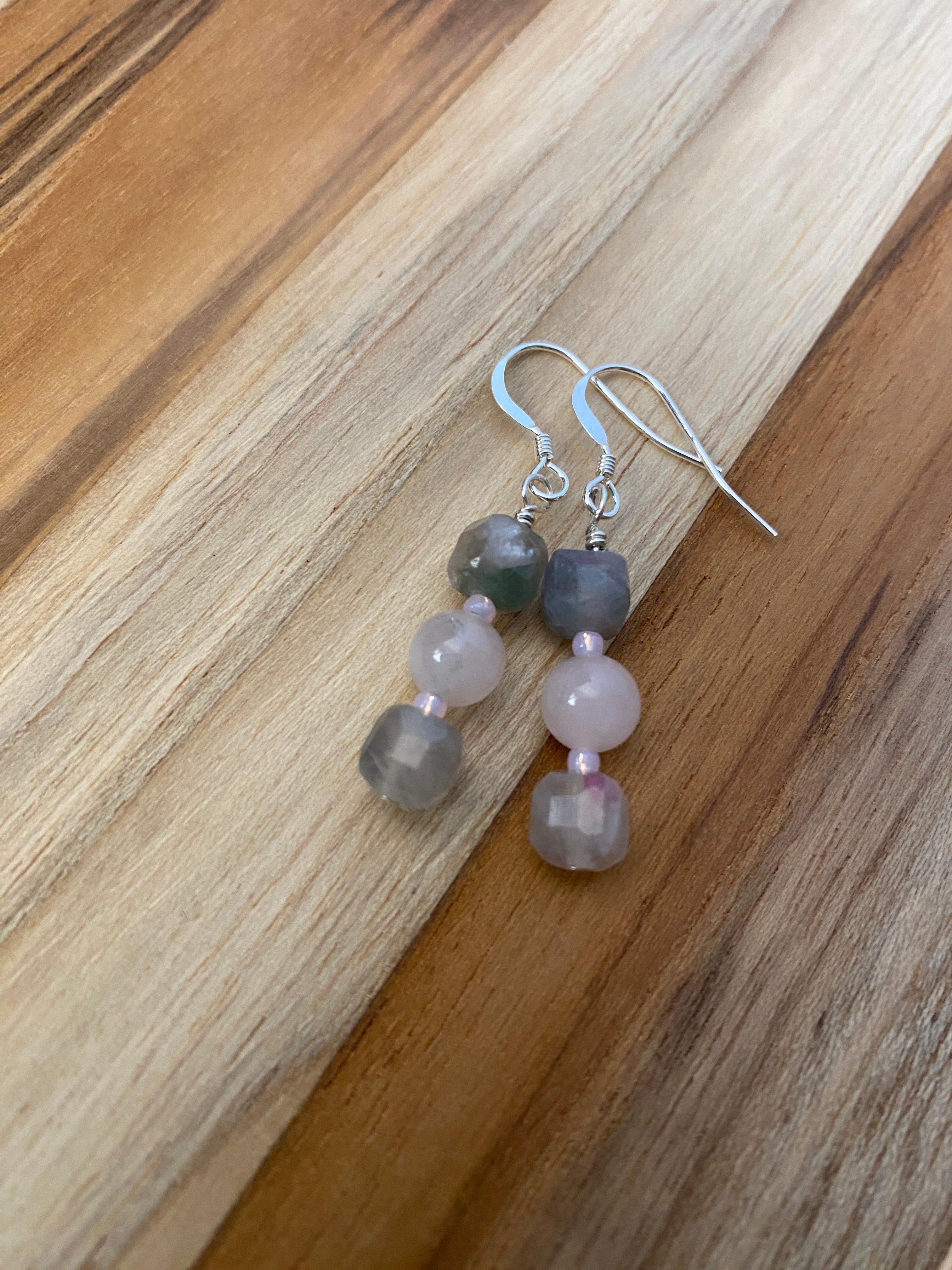 Pink Tourmaline Lepidolite and Rose Quartz Dangle Earrings