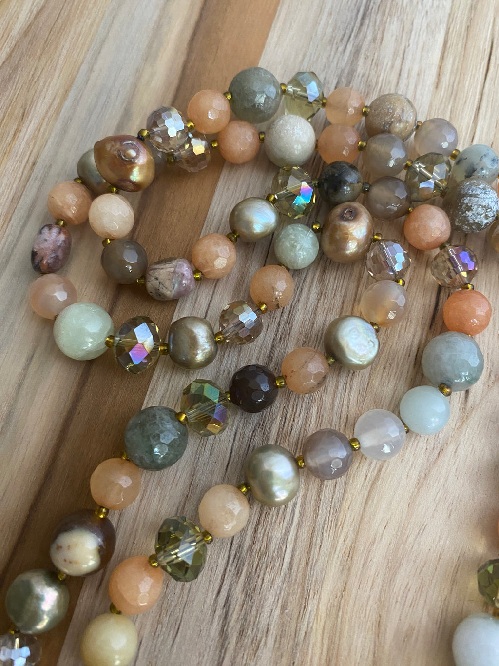 Long Peach and Green Beaded Multi Gem, Glass and Crystal Necklace - My Urban Gems