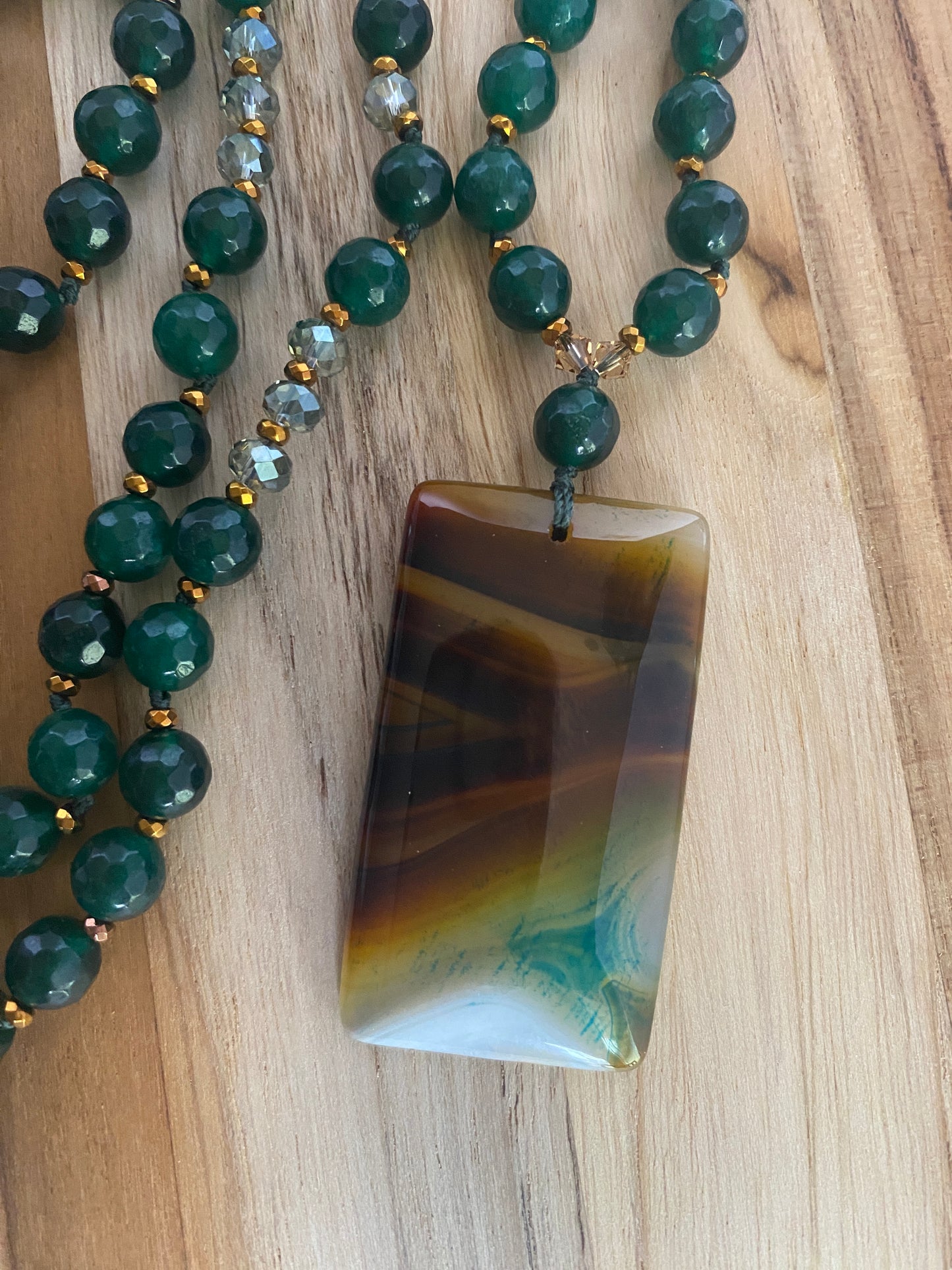 28" Long Brown & Green Agate Pendant Beaded Necklace with Green Agate & Crystal Beads
