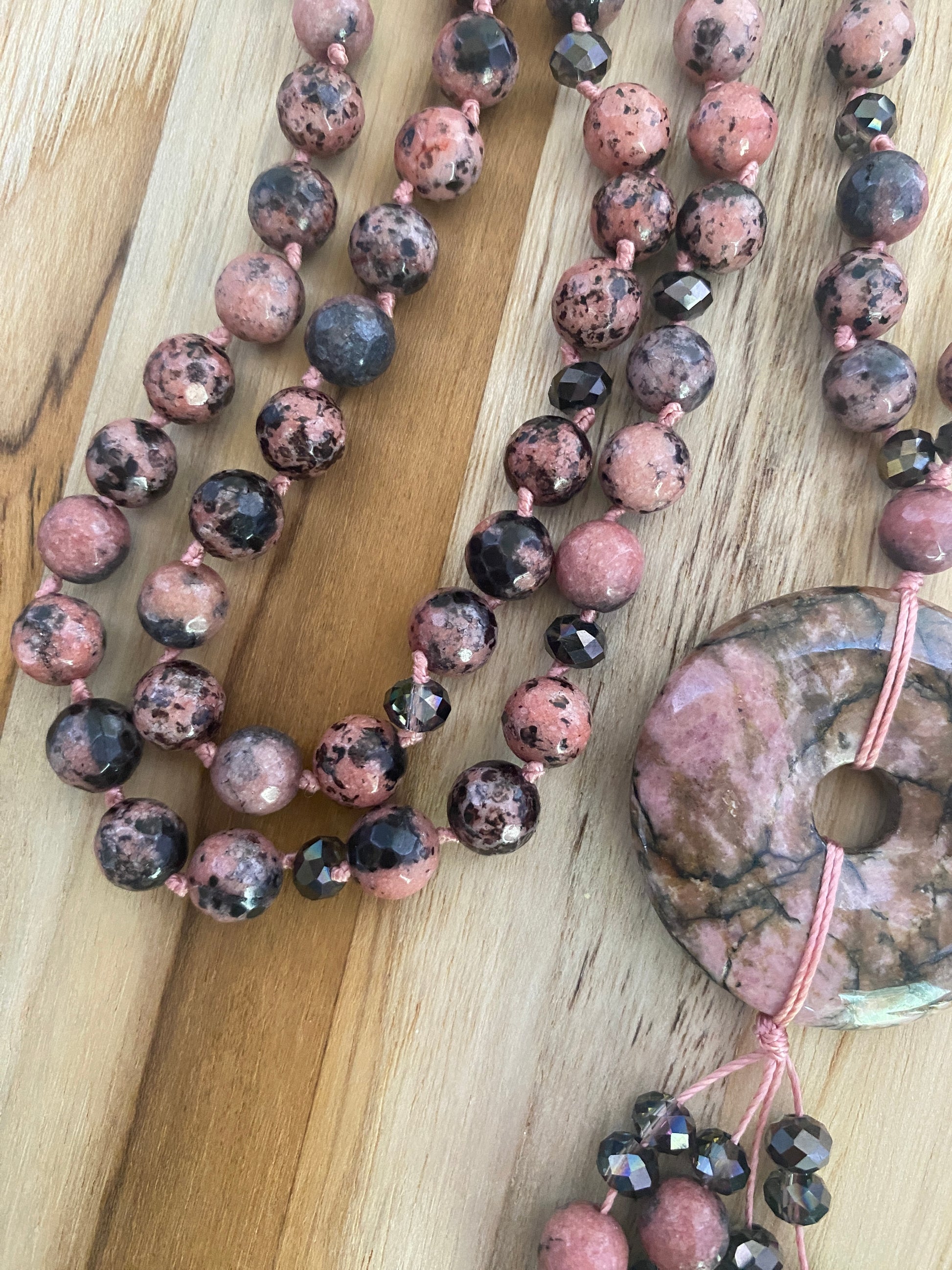 28" Long Pink and Black Rhodonite Donut Necklace with Faceted Rhodonite and Crystal Beads - My Urban Gems