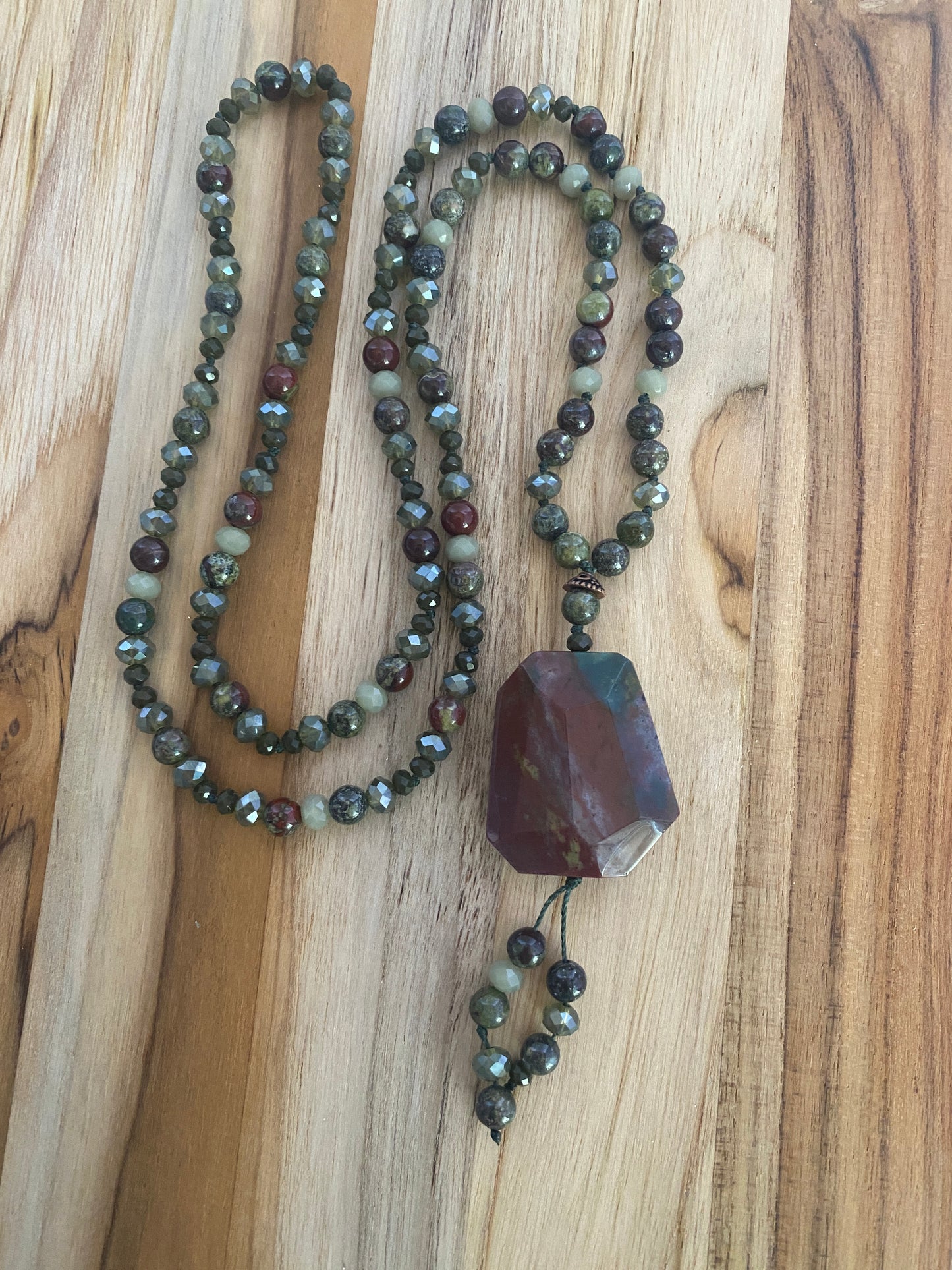 30" Long African Bloodstone & Crystal Necklace