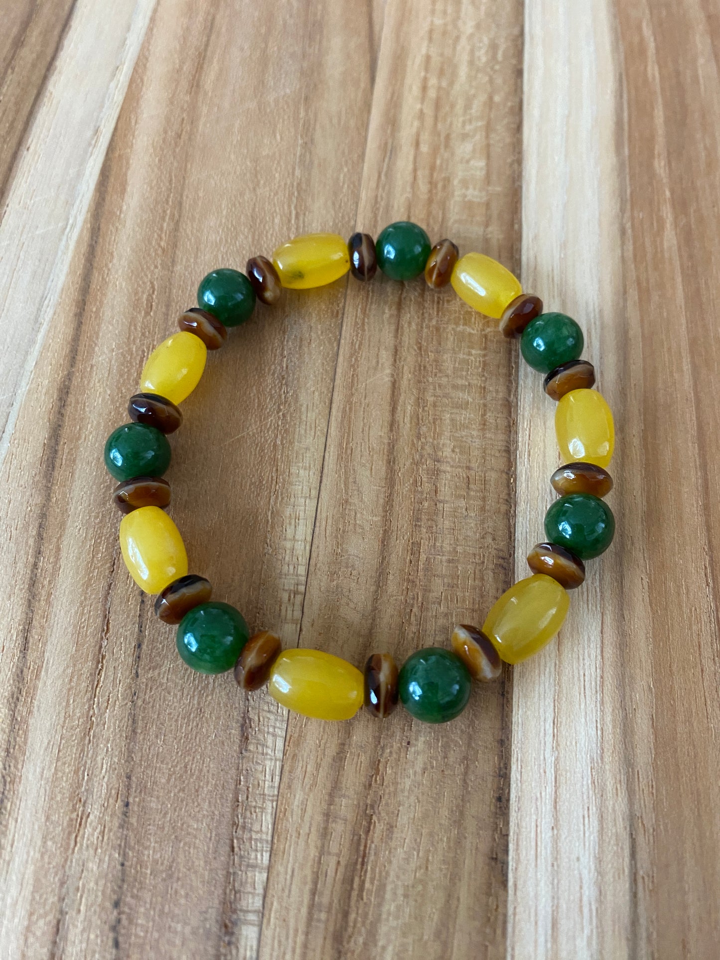 Unisex Yellow and Green Jade Stretch Bracelet with Brown Czech Glass Beads