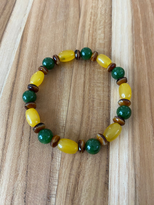 Unisex Yellow and Green Jade Stretch Bracelet with Brown Czech Glass Beads