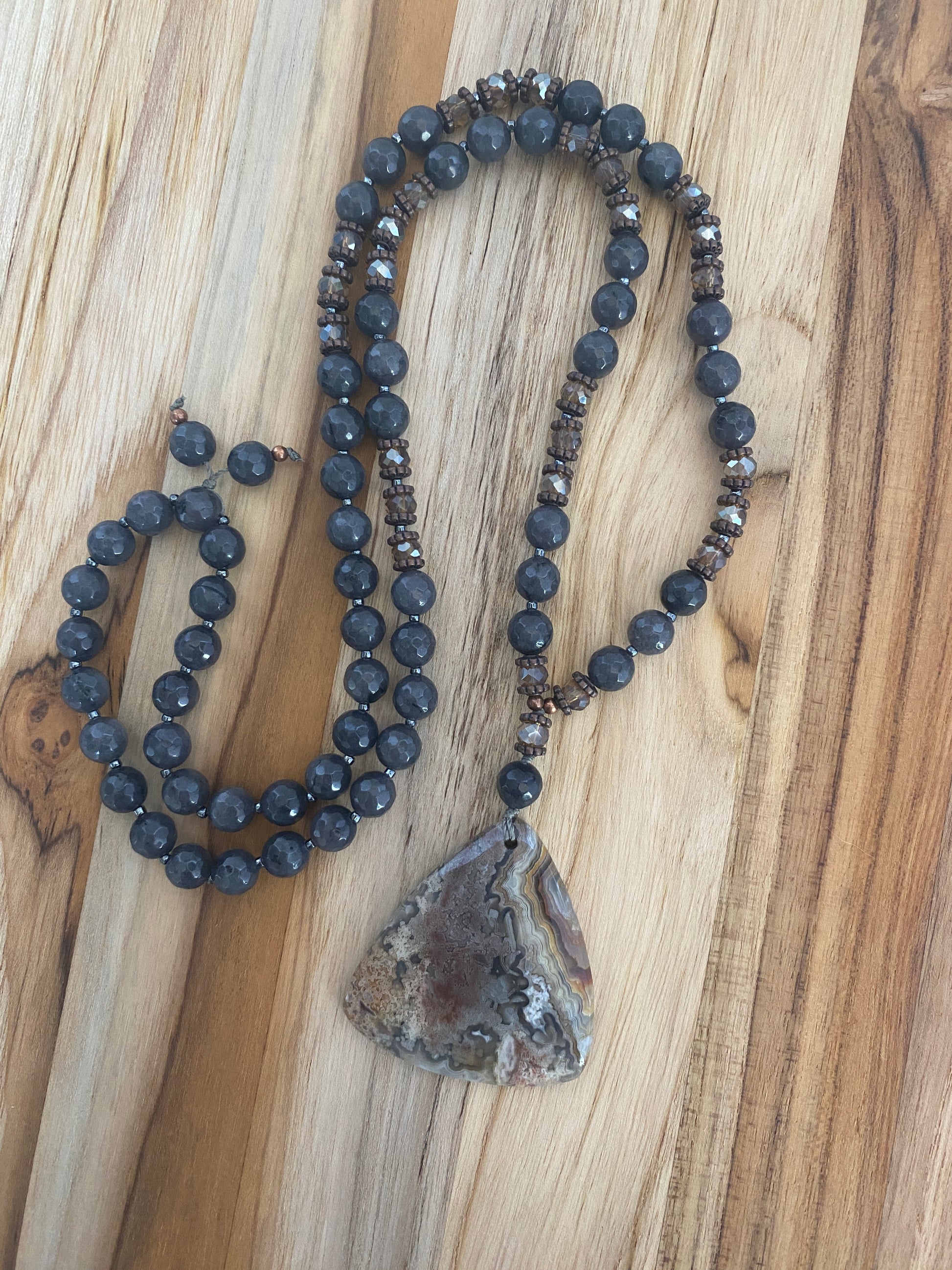 30" Long Crazy Lace Triangle Agate Pendant Necklace with Dark Grey Agate, Crystal & Copper Beads - My Urban Gems